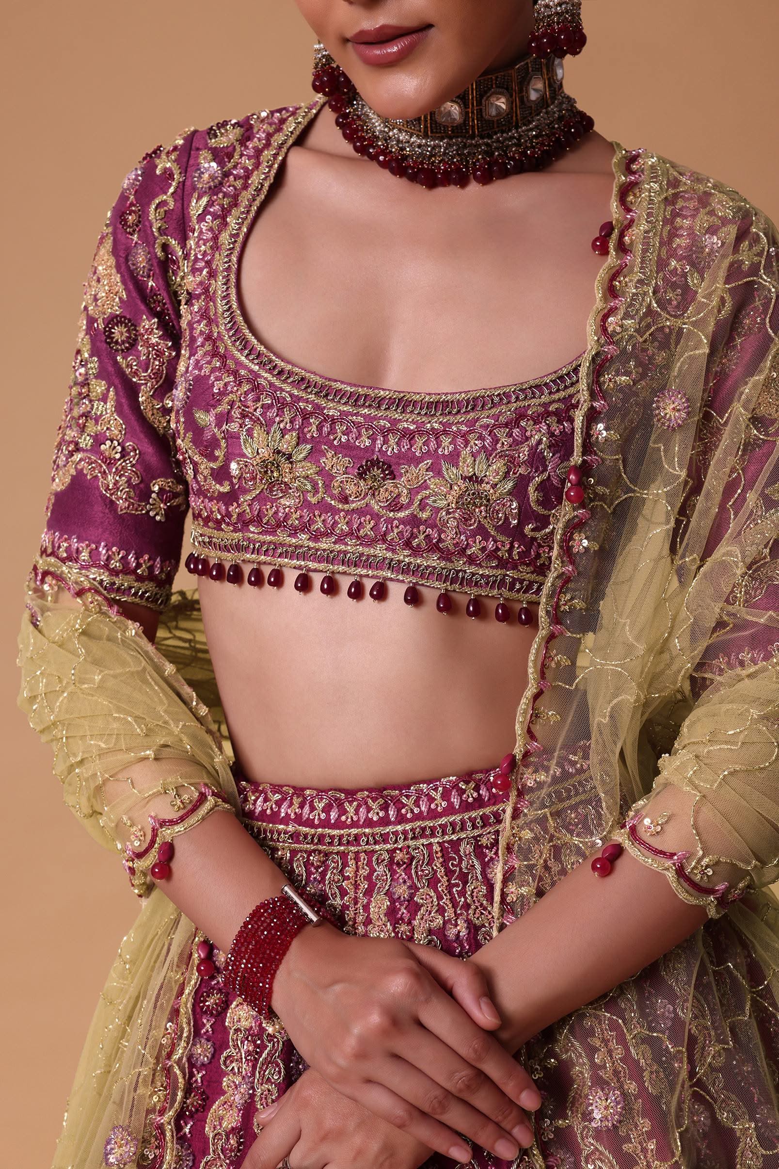 Red Raw Silk Lehenga Set With Cutout Back Velvet Blouse - Image 6