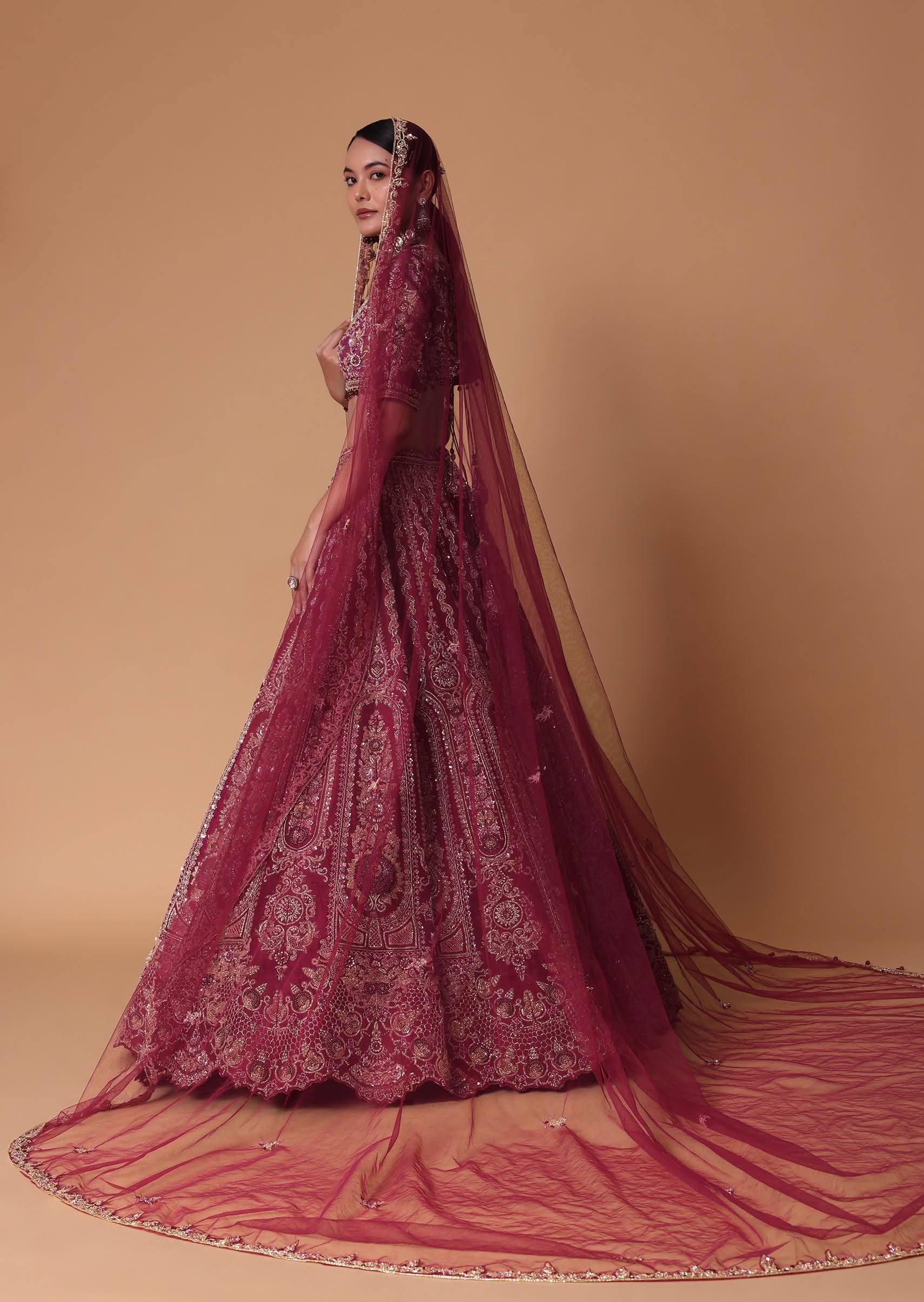 Red Raw Silk Lehenga Set With Cutout Back Velvet Blouse - Image 9