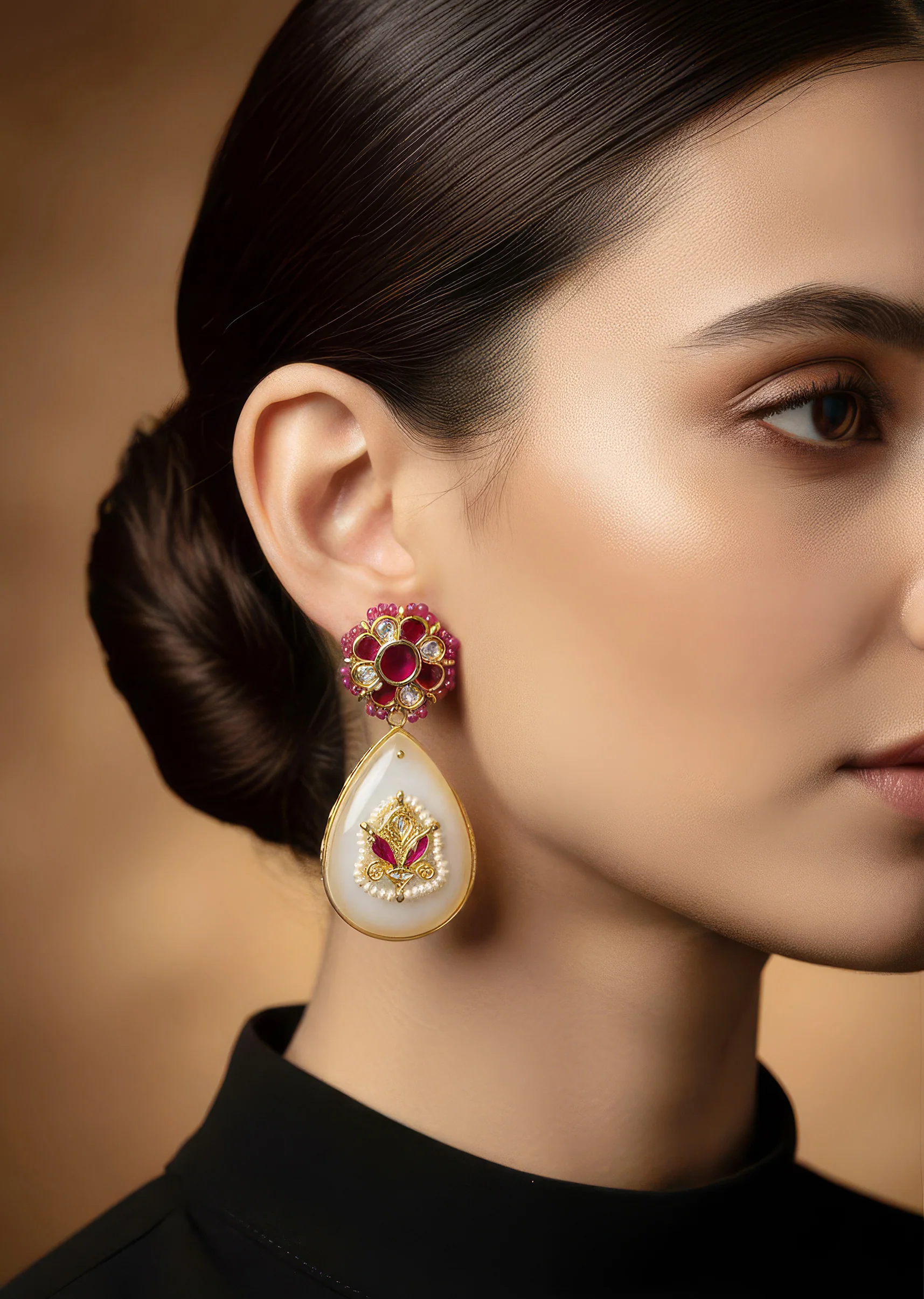 Red and Off White Traditional Gold Kundan Jadau Danglers