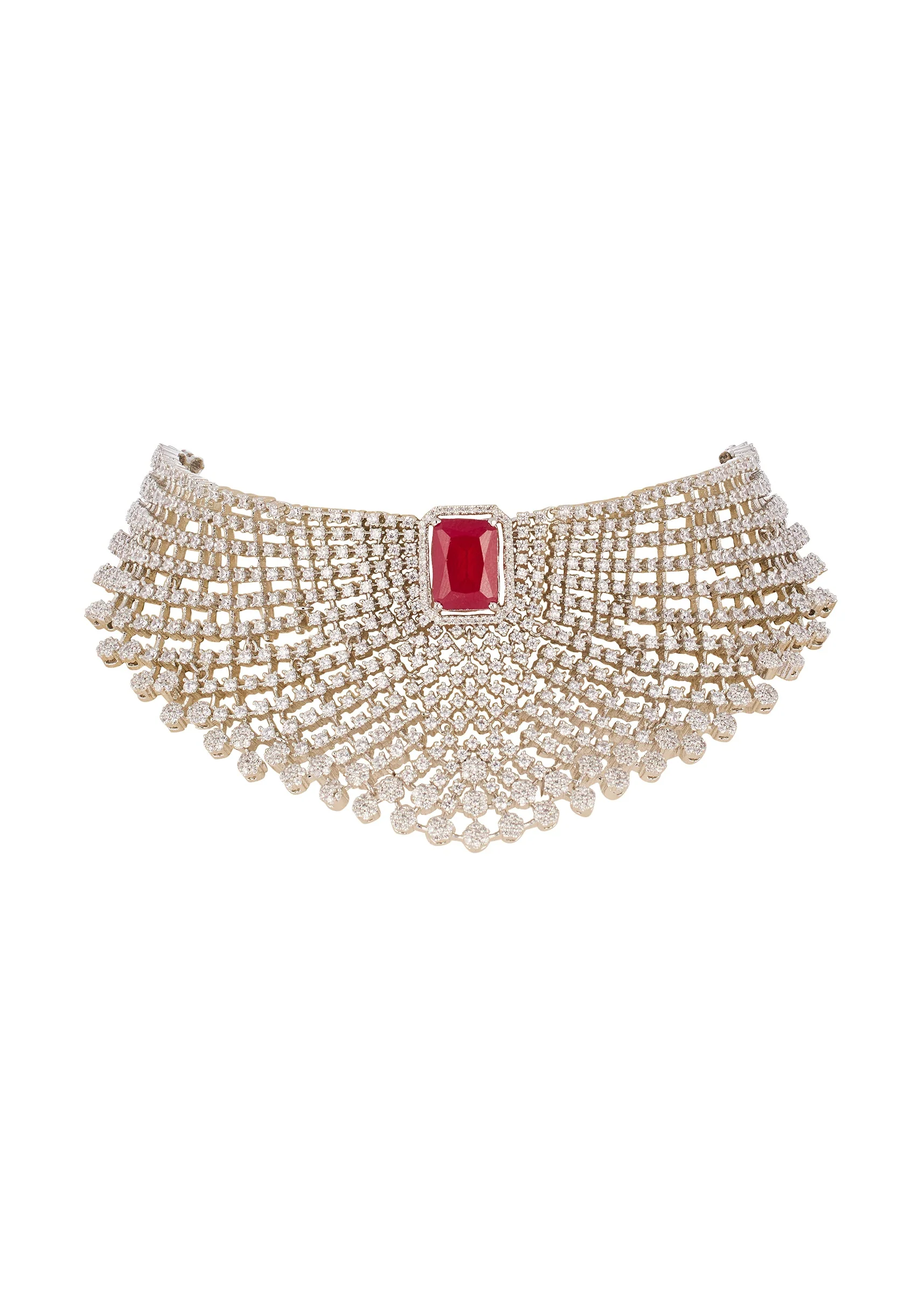 Red and Silver Anti Tarnish Rhodium Plated Necklace Set with CZ Diamond - Image 2