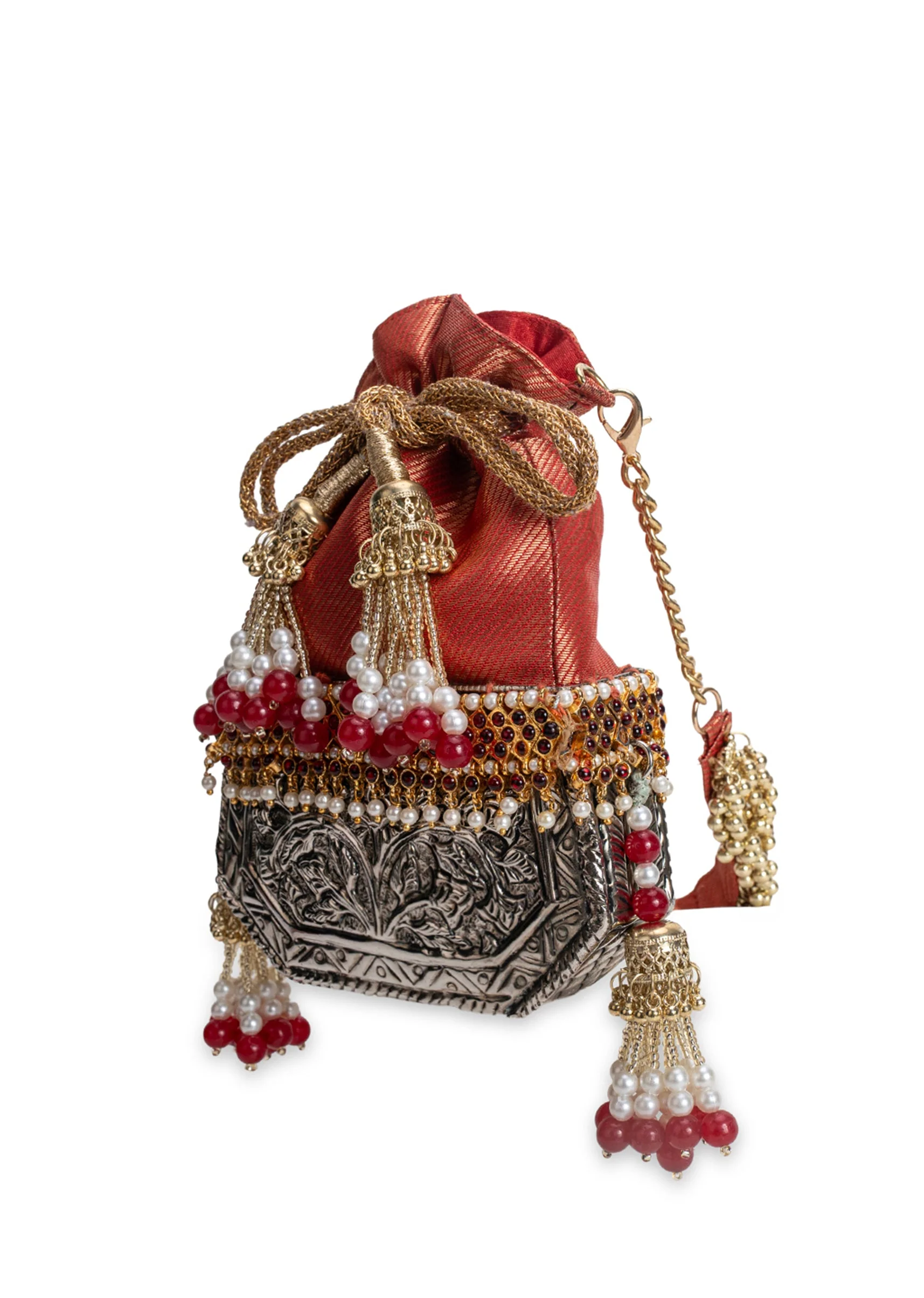 Red And Silver Brocade Potli Bag - Image 4