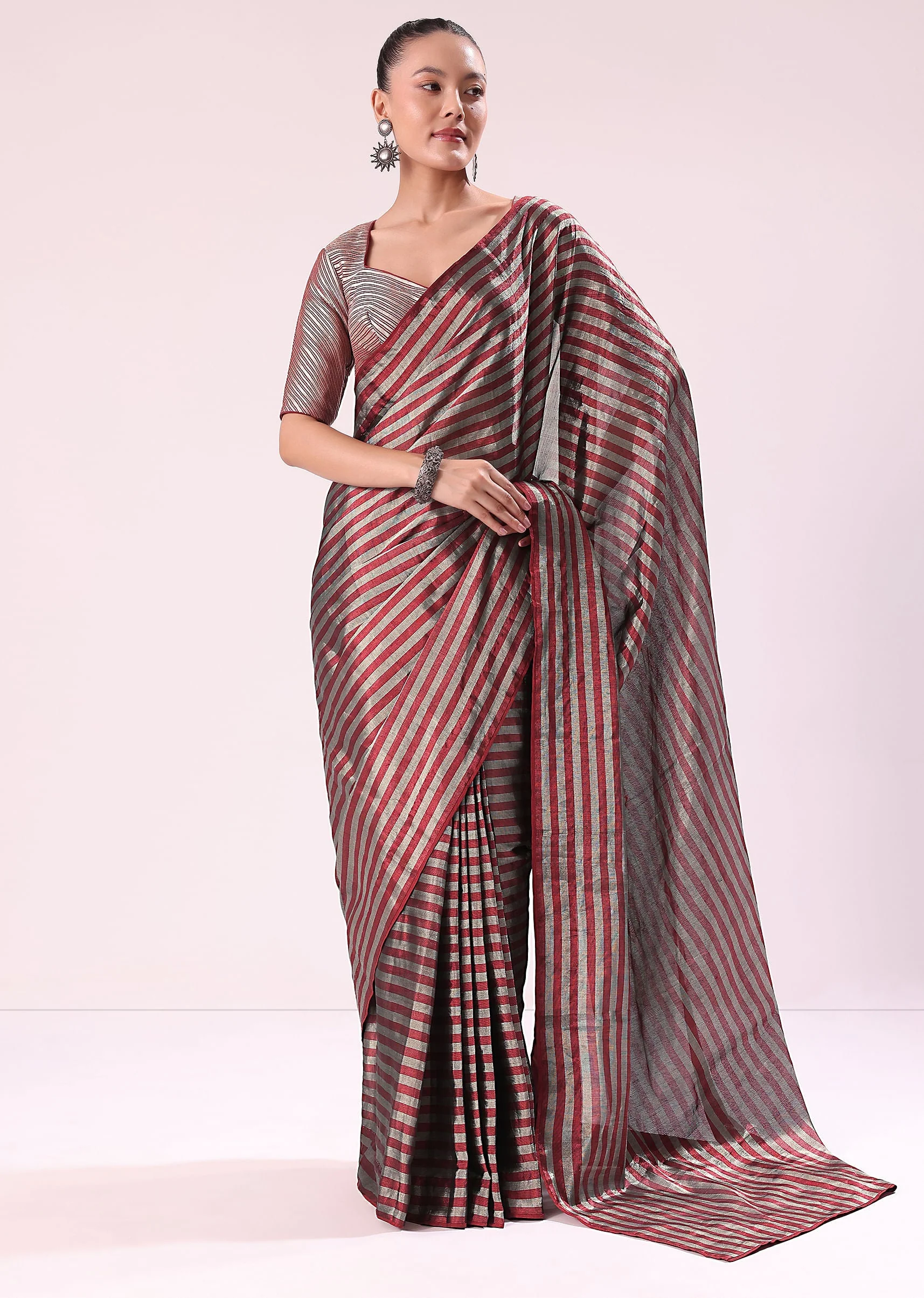 Red And Silver Striped Chanderi Tissue Saree With Pipe Finish Stitched Blouse