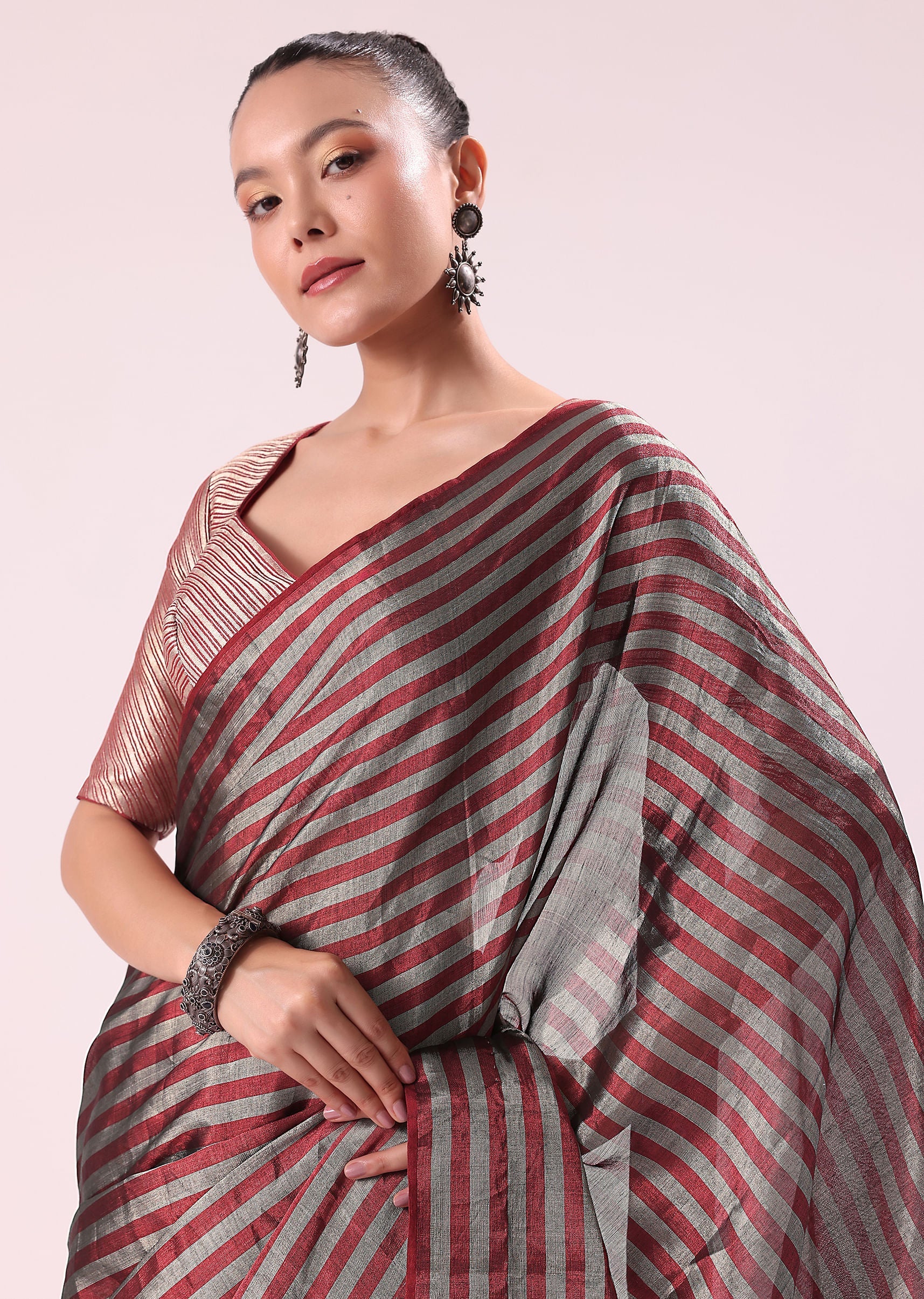 Red And Silver Striped Chanderi Tissue Saree With Pipe Finish Stitched Blouse - Image 2
