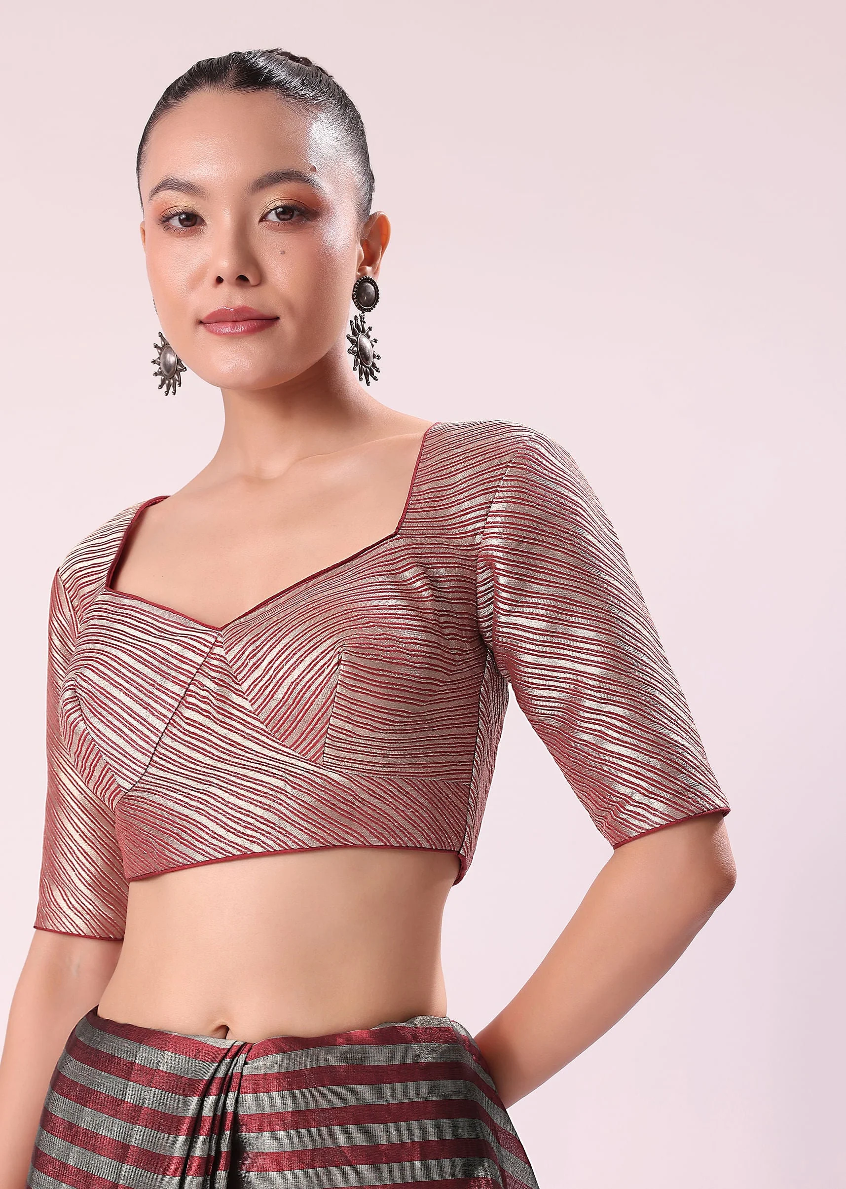 Red And Silver Striped Chanderi Tissue Saree With Pipe Finish Stitched Blouse - Image 6