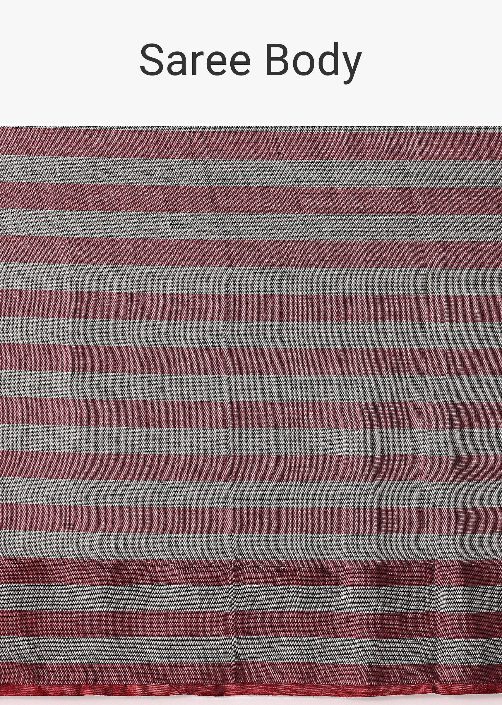Red And Silver Striped Chanderi Tissue Saree With Pipe Finish Stitched Blouse - Image 8