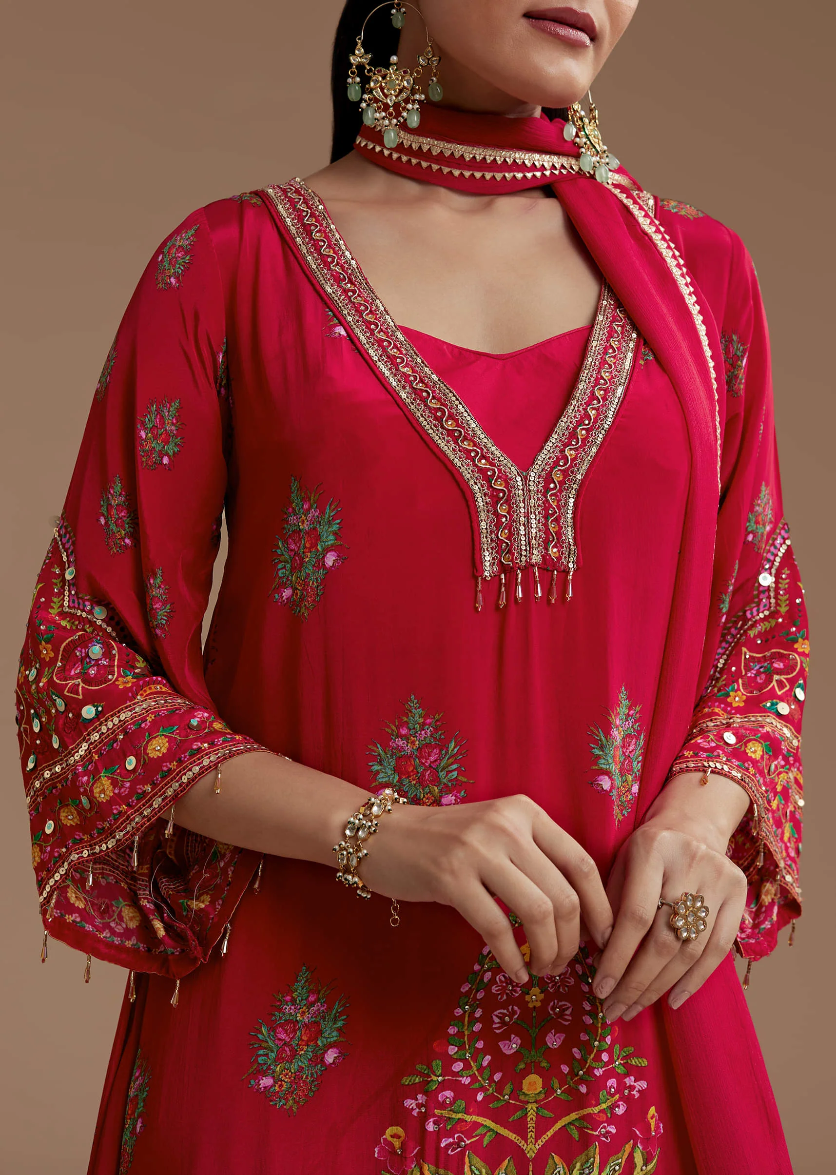 Red Asymmetric Floral Print Kurta Set - Image 2