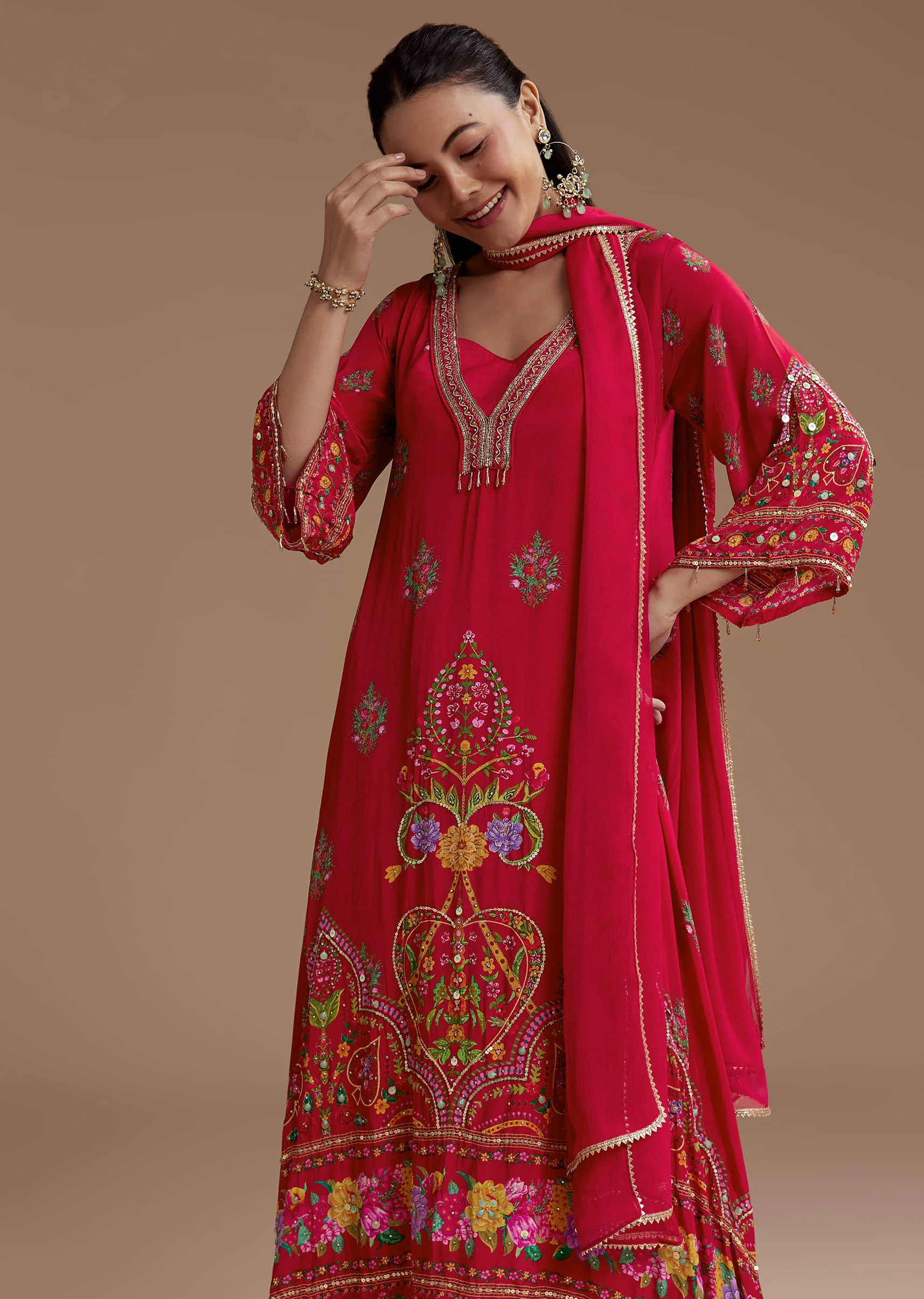 Red Asymmetric Floral Print Kurta Set - Image 4