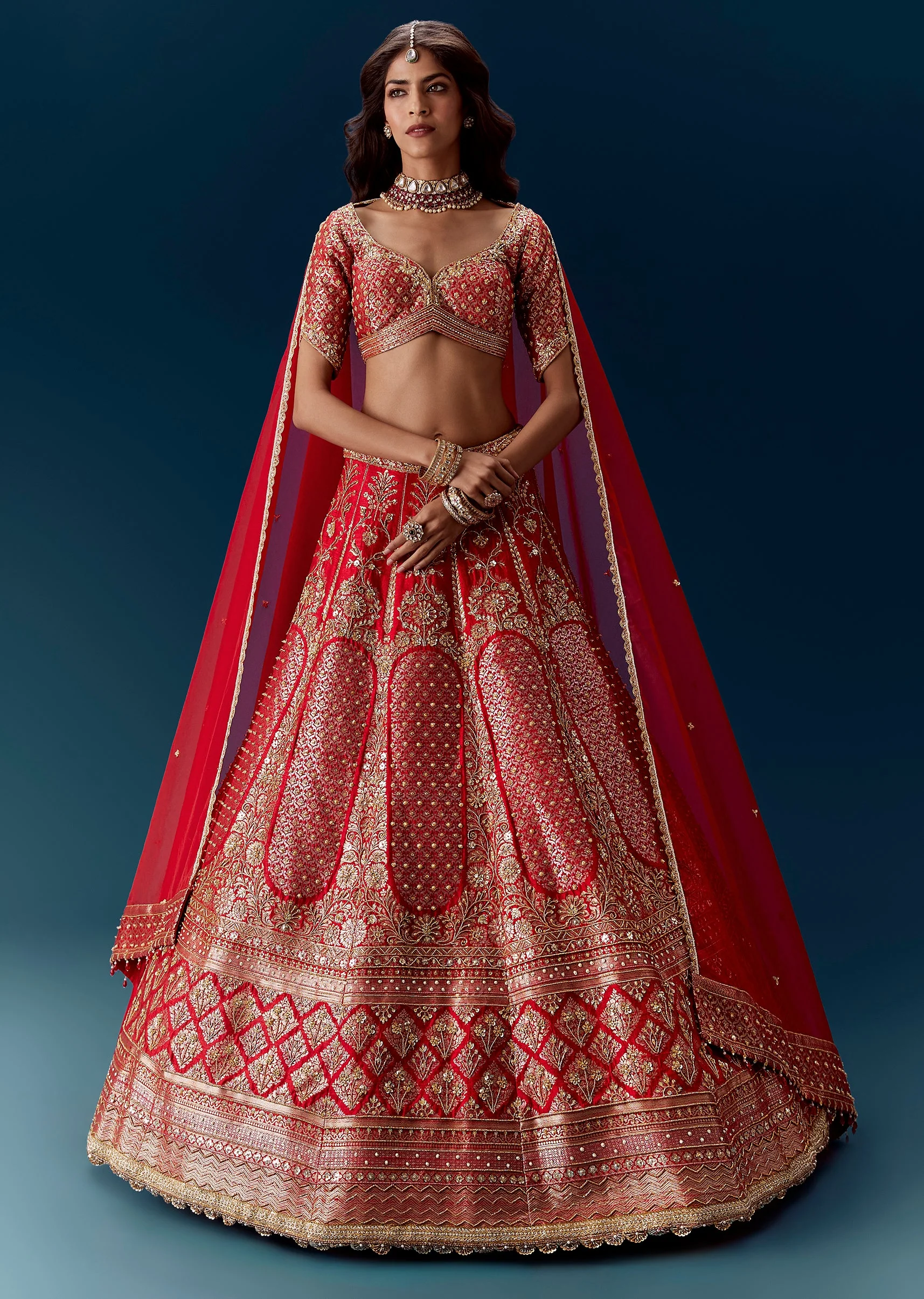 Red Banarasi Embroidered Bridal Lehenga And Dupattas