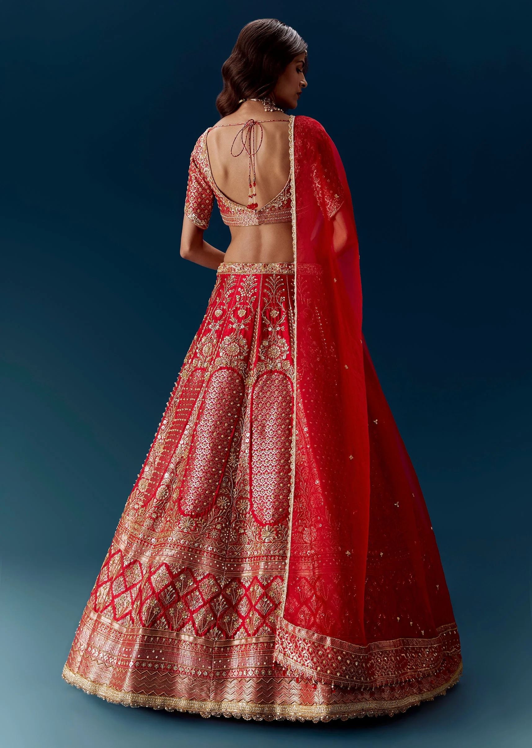 Red Banarasi Embroidered Bridal Lehenga And Dupattas - Image 2