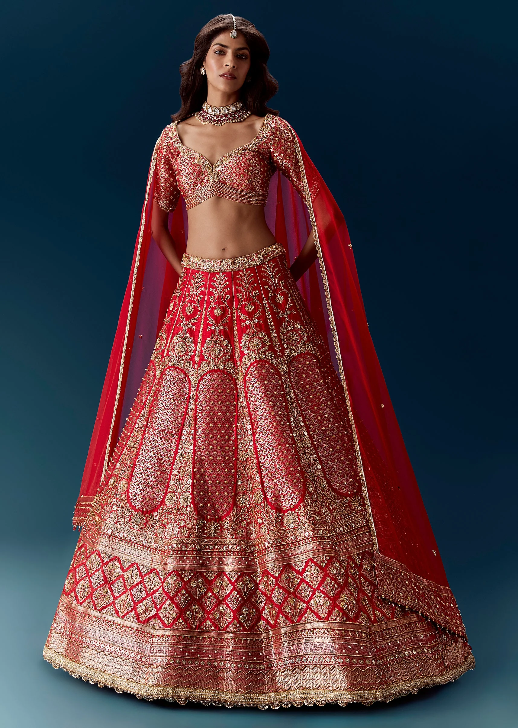 Red Banarasi Embroidered Bridal Lehenga And Dupattas - Image 4