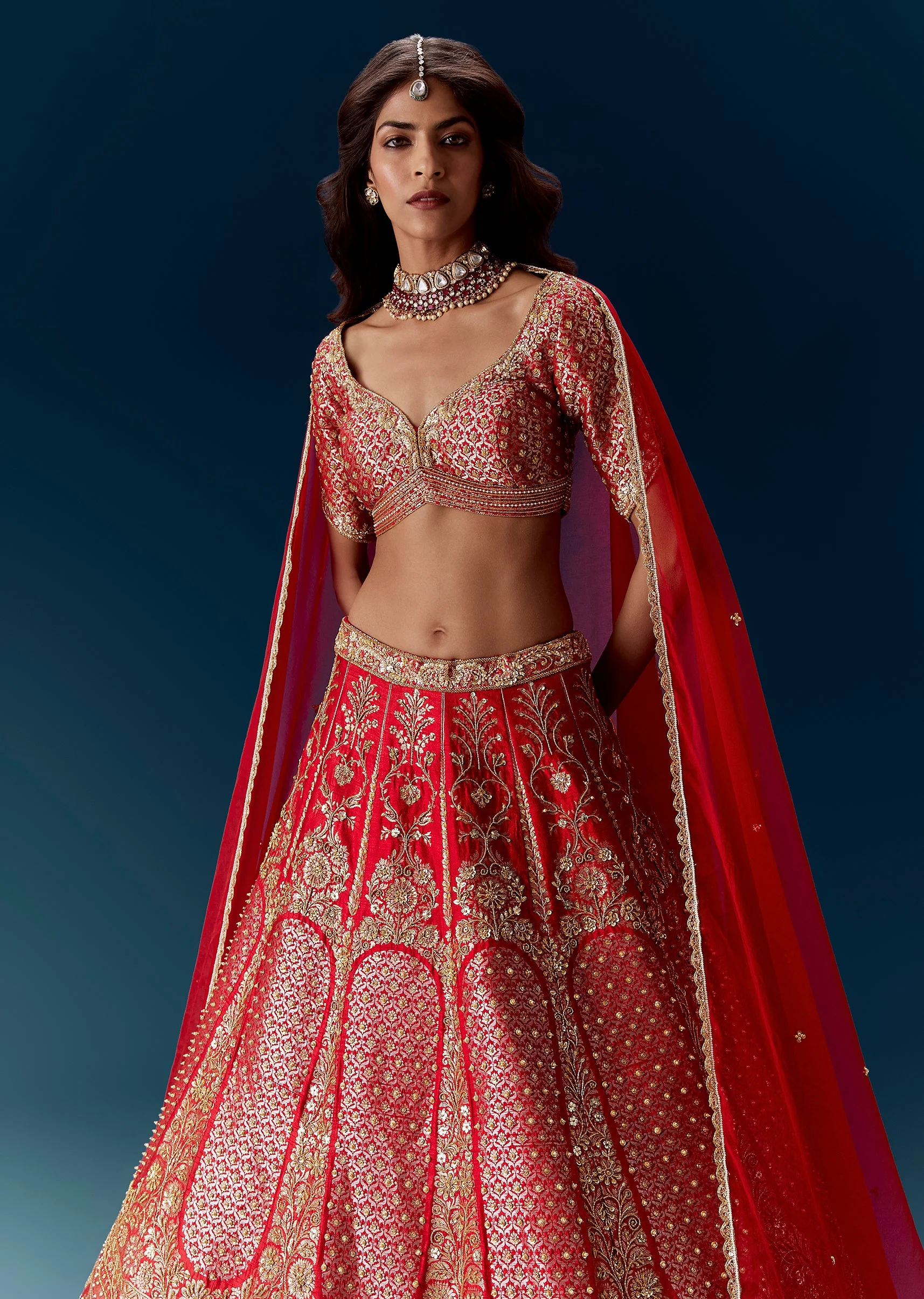 Red Banarasi Embroidered Bridal Lehenga And Dupattas - Image 5