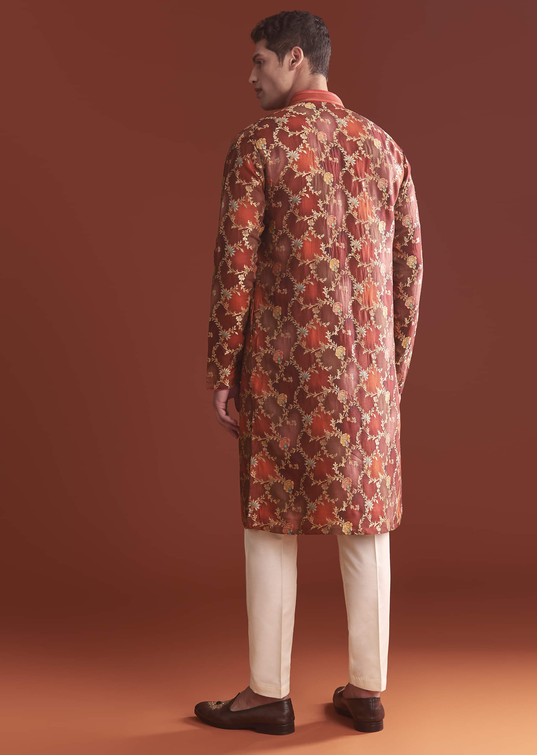 Red Banarasi Kurta Set For Men With Floral Pattern - Image 5