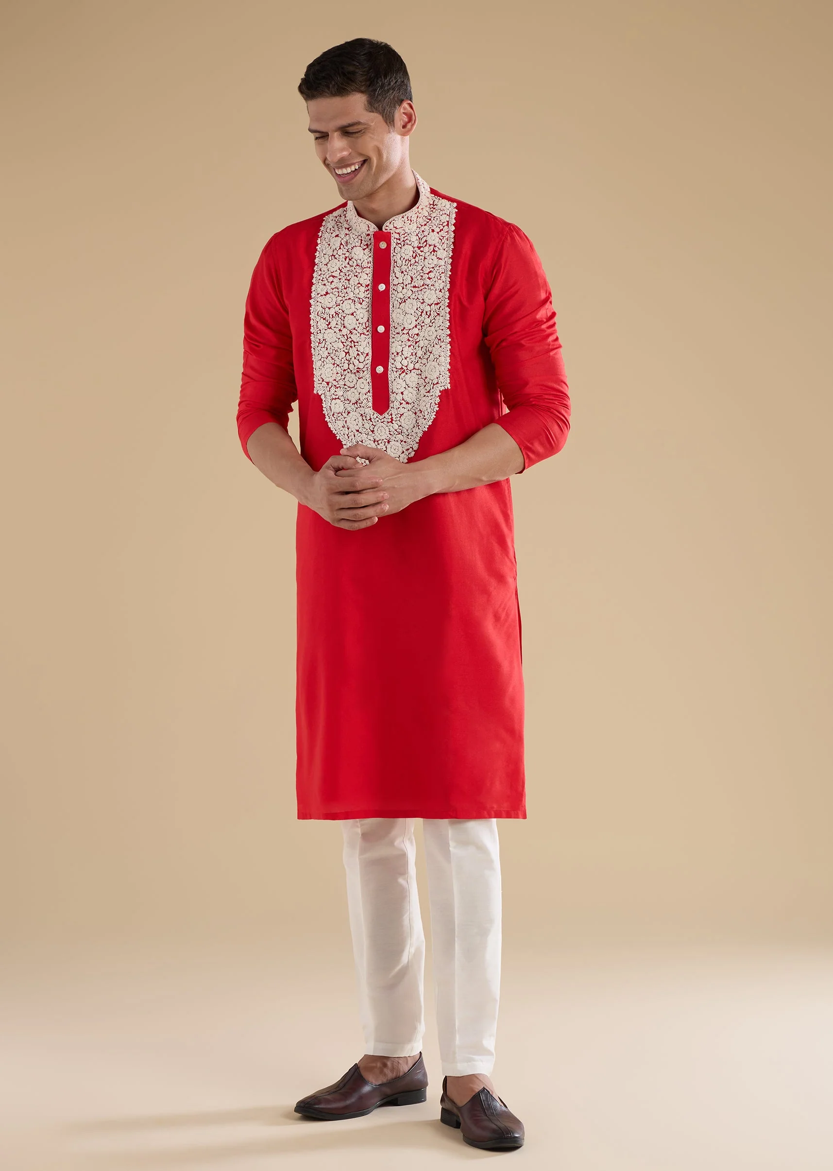 Red Banarasi Silk Embroidered Kurta Set
