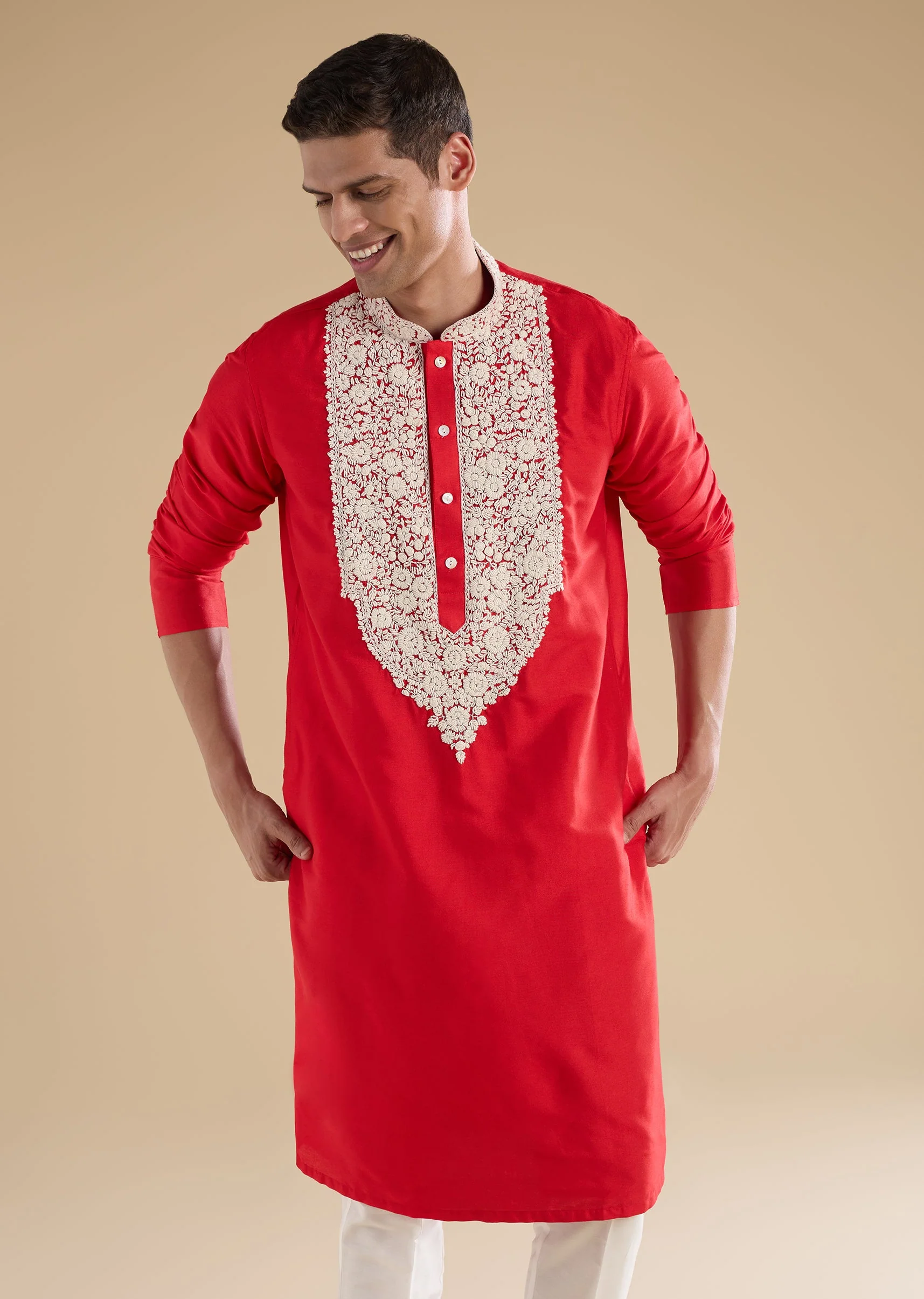 Red Banarasi Silk Embroidered Kurta Set - Image 4