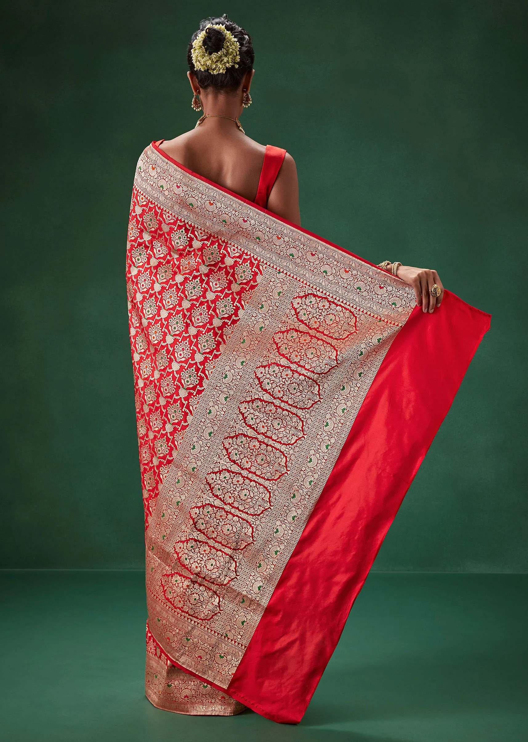 Red Banarasi Silk Saree with Unstitched Blouse - Image 2