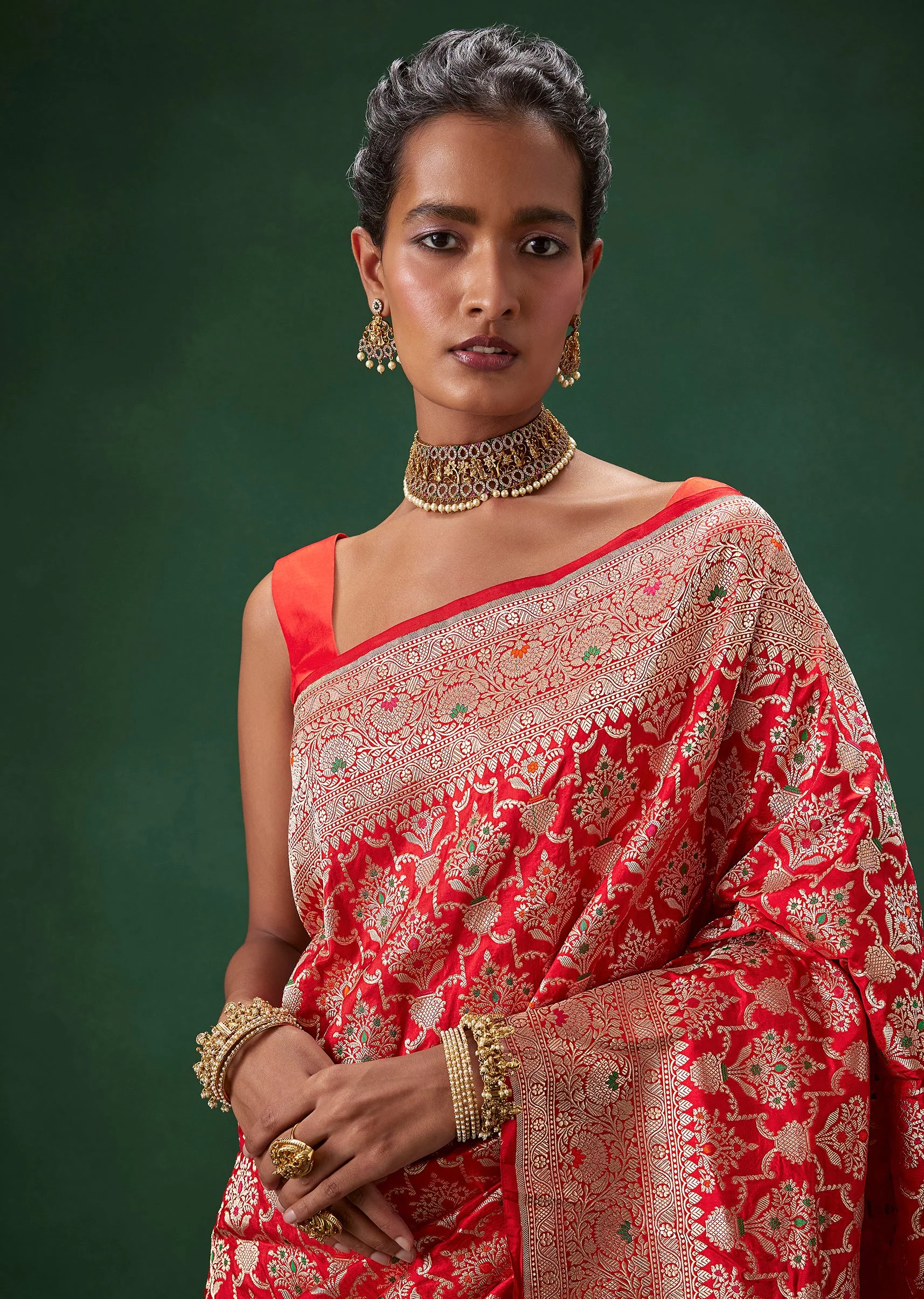 Red Banarasi Silk Saree with Unstitched Blouse - Image 3