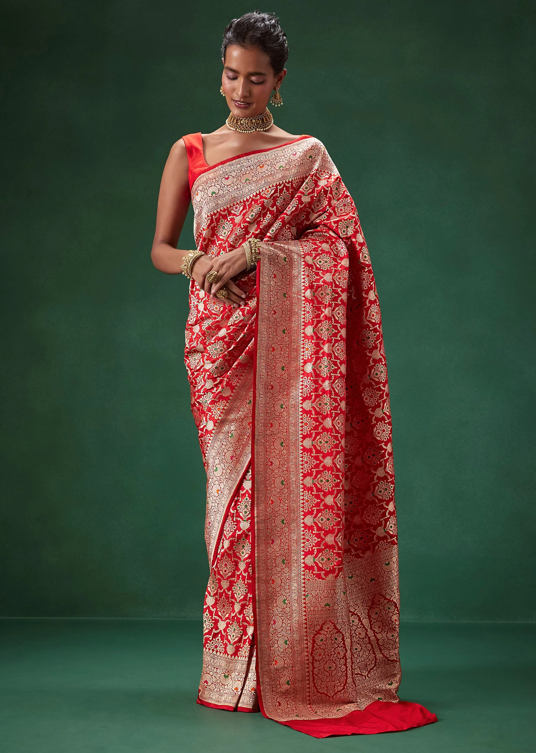 Red Banarasi Silk Saree with Unstitched Blouse - Image 4