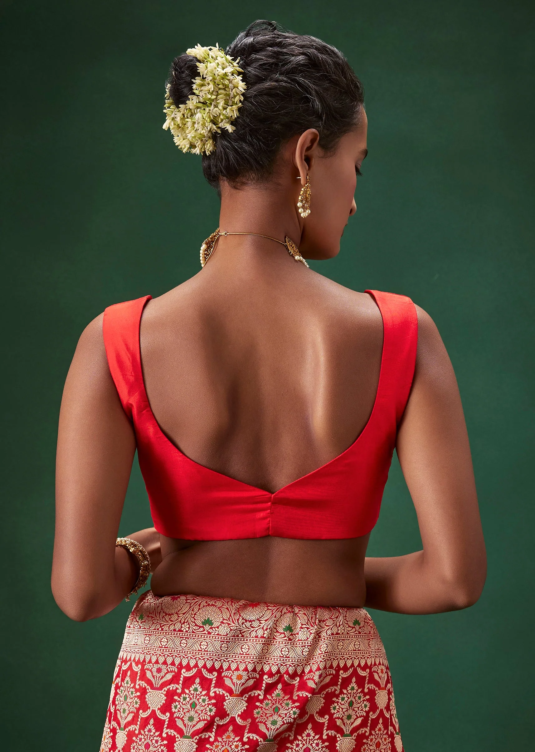 Red Banarasi Silk Saree with Unstitched Blouse - Image 8