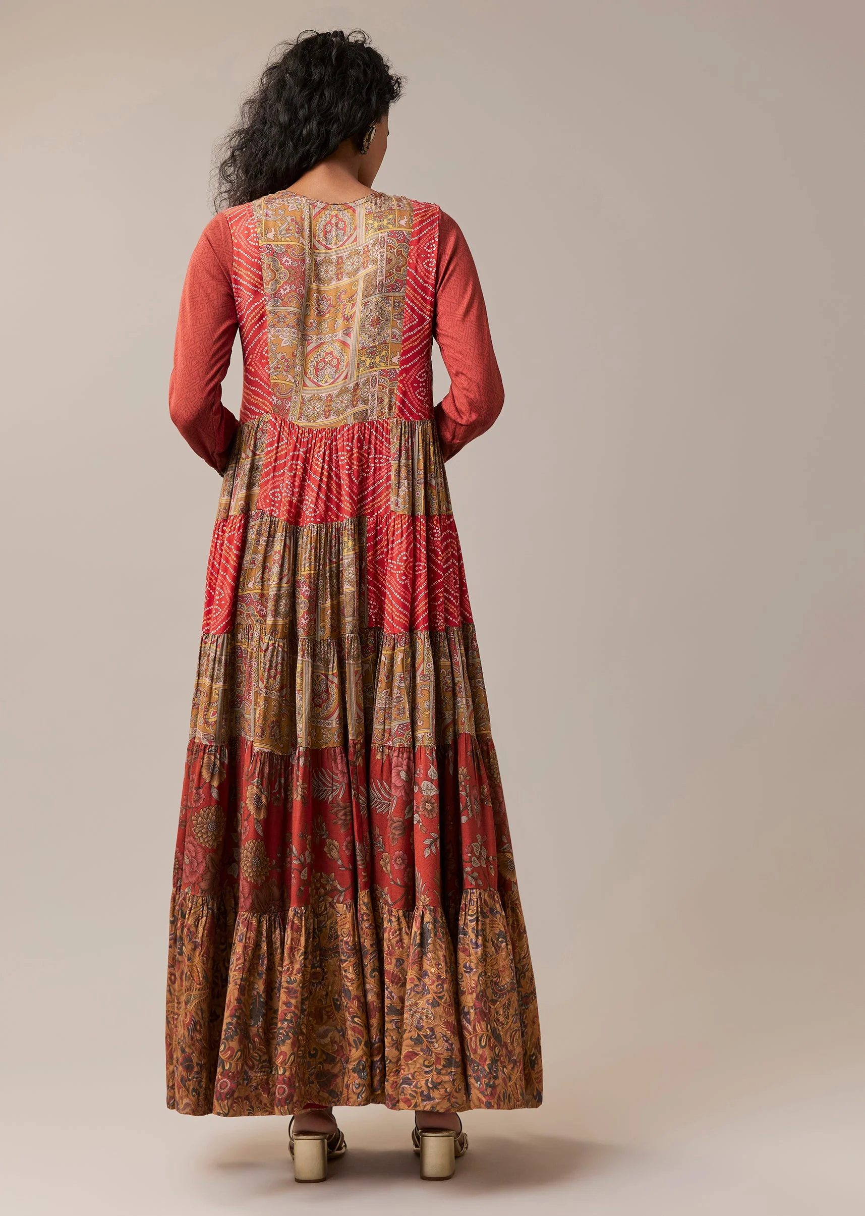 Red Bandhani and Floral Print Silk Long Kurti - Image 5
