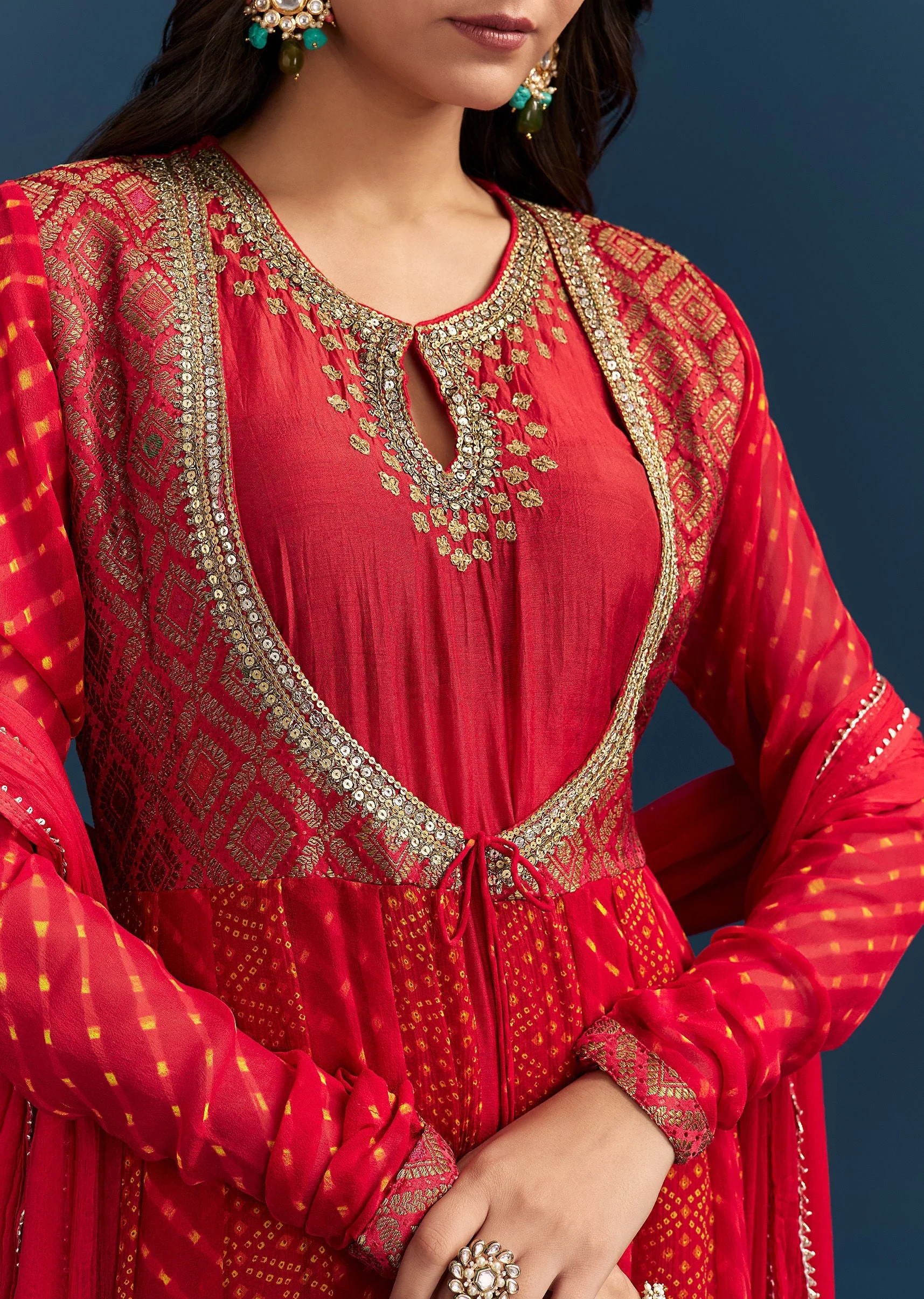 Red Bandhani And Leheriya Jacket Anarkali Suit In Georgette - Image 2