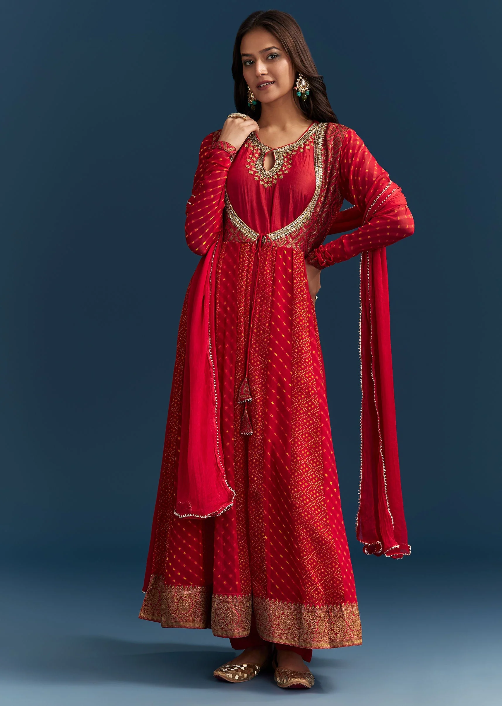 Red Bandhani And Leheriya Jacket Anarkali Suit In Georgette - Image 3
