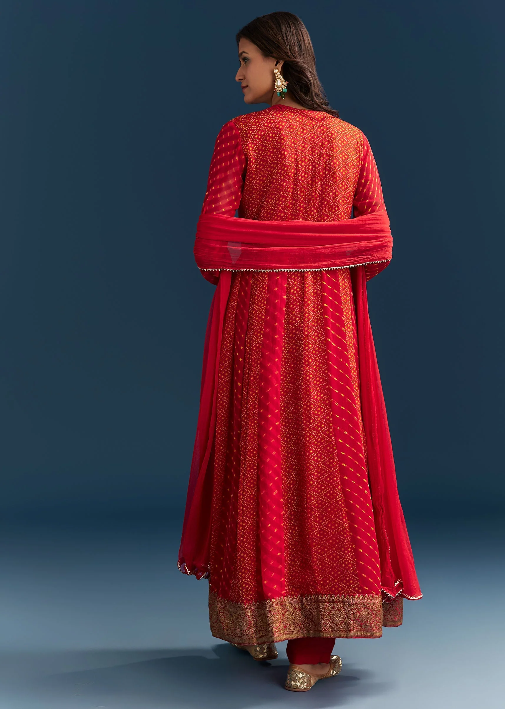 Red Bandhani And Leheriya Jacket Anarkali Suit In Georgette - Image 5