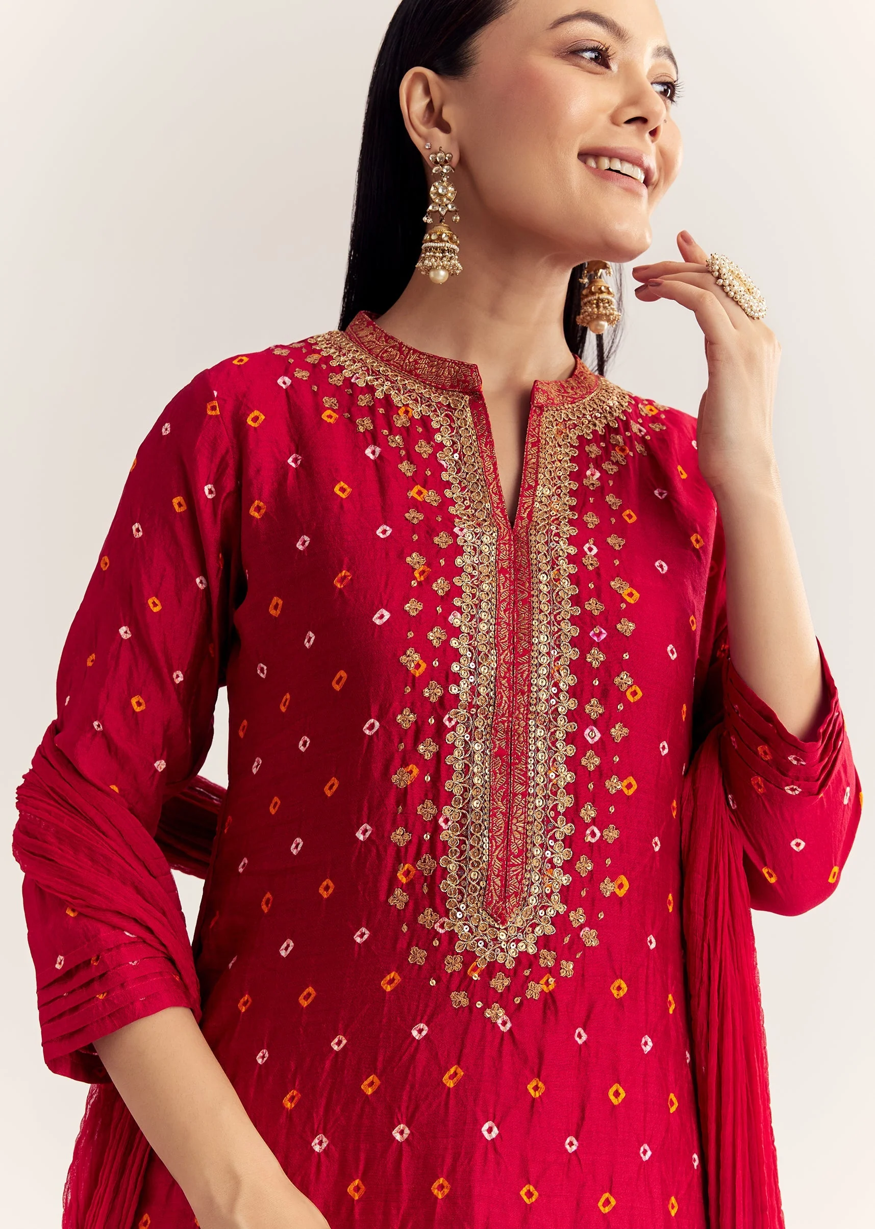 Red Bandhani Layered Silk Kurta Set With Dupatta - Image 2