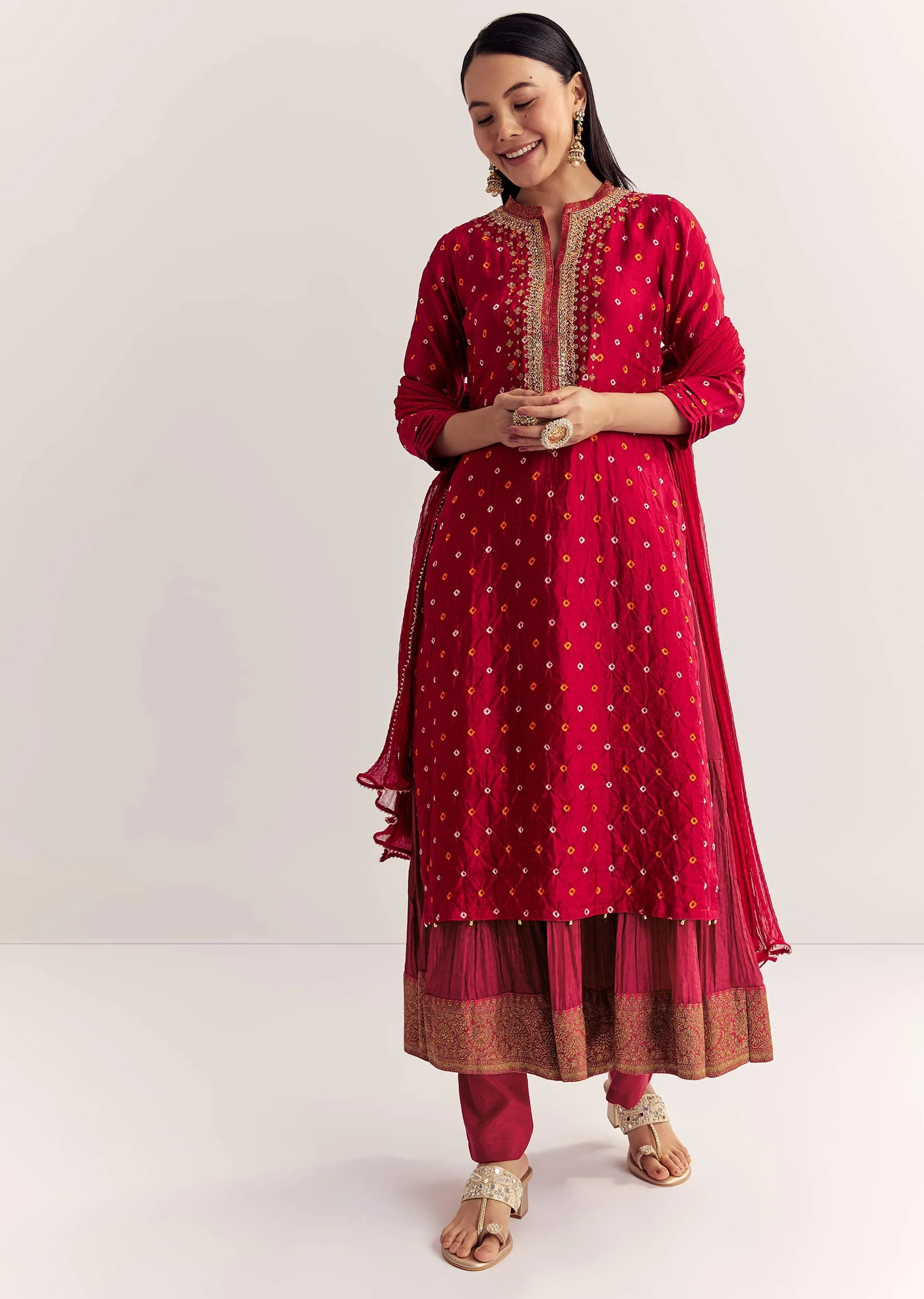 Red Bandhani Layered Silk Kurta Set With Dupatta - Image 3