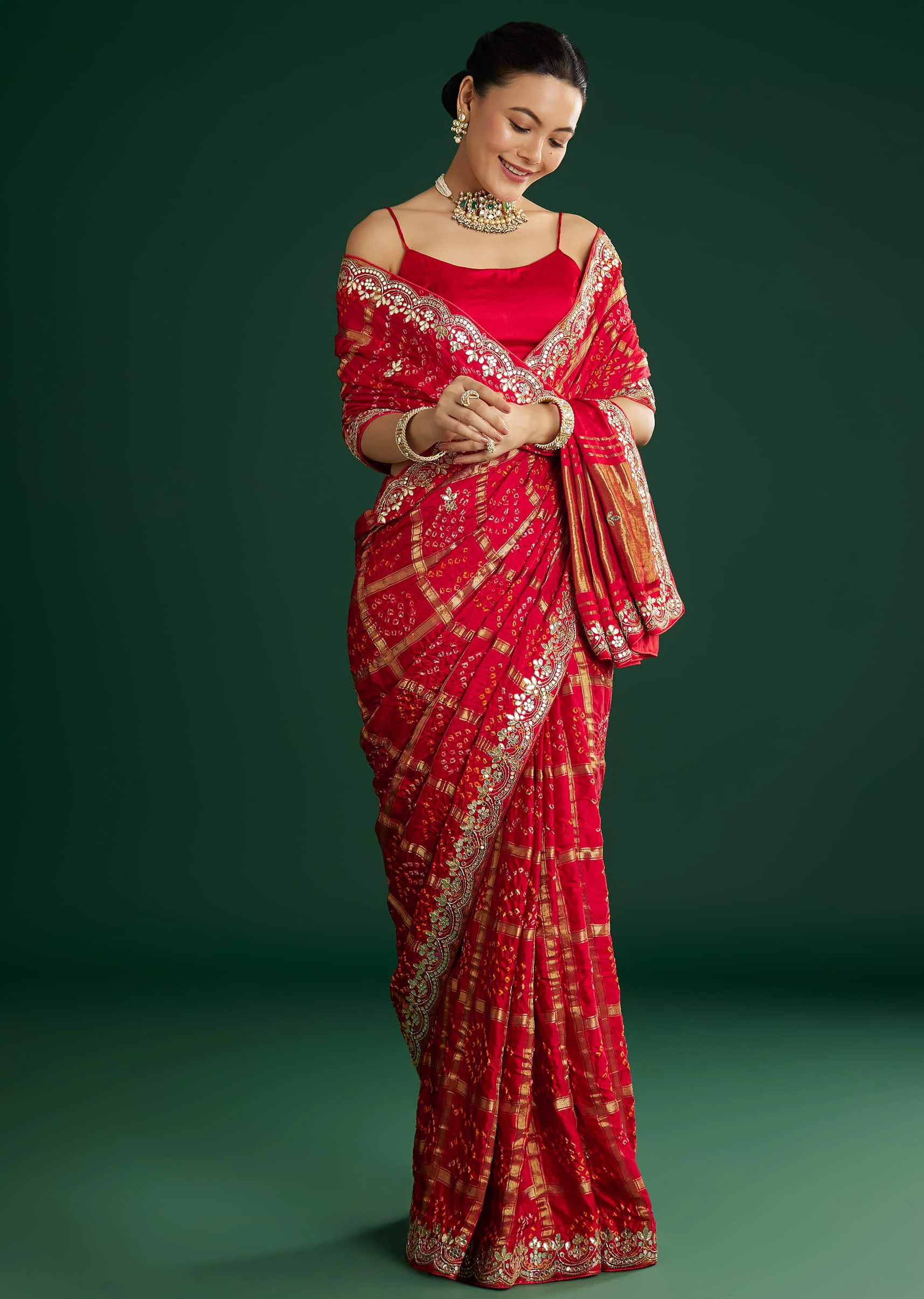 Red Bandhani Saree With Gota Work - Image 3