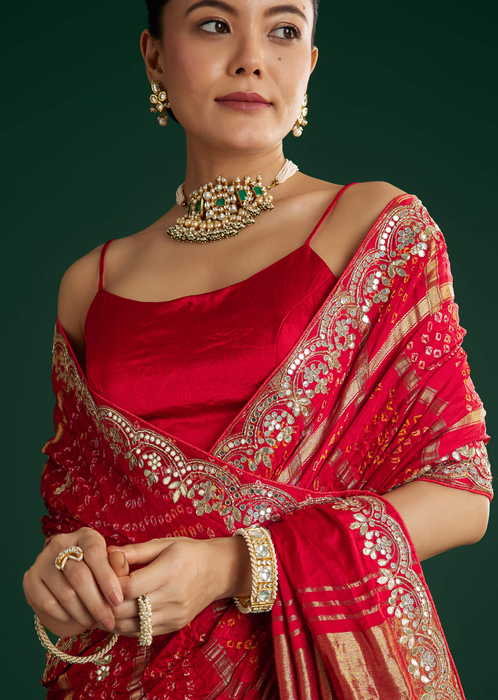 Red Bandhani Saree With Gota Work - Image 5