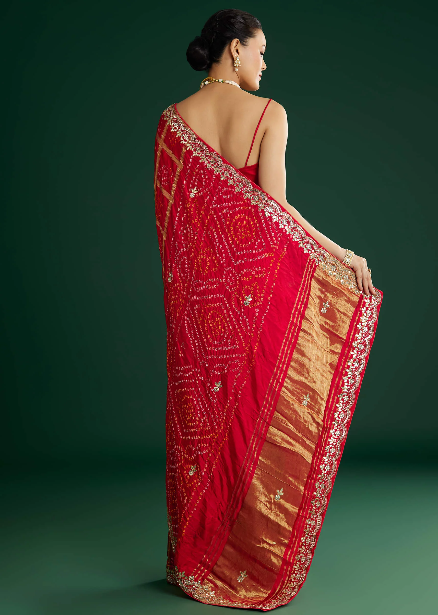 Red Bandhani Saree With Gota Work - Image 6