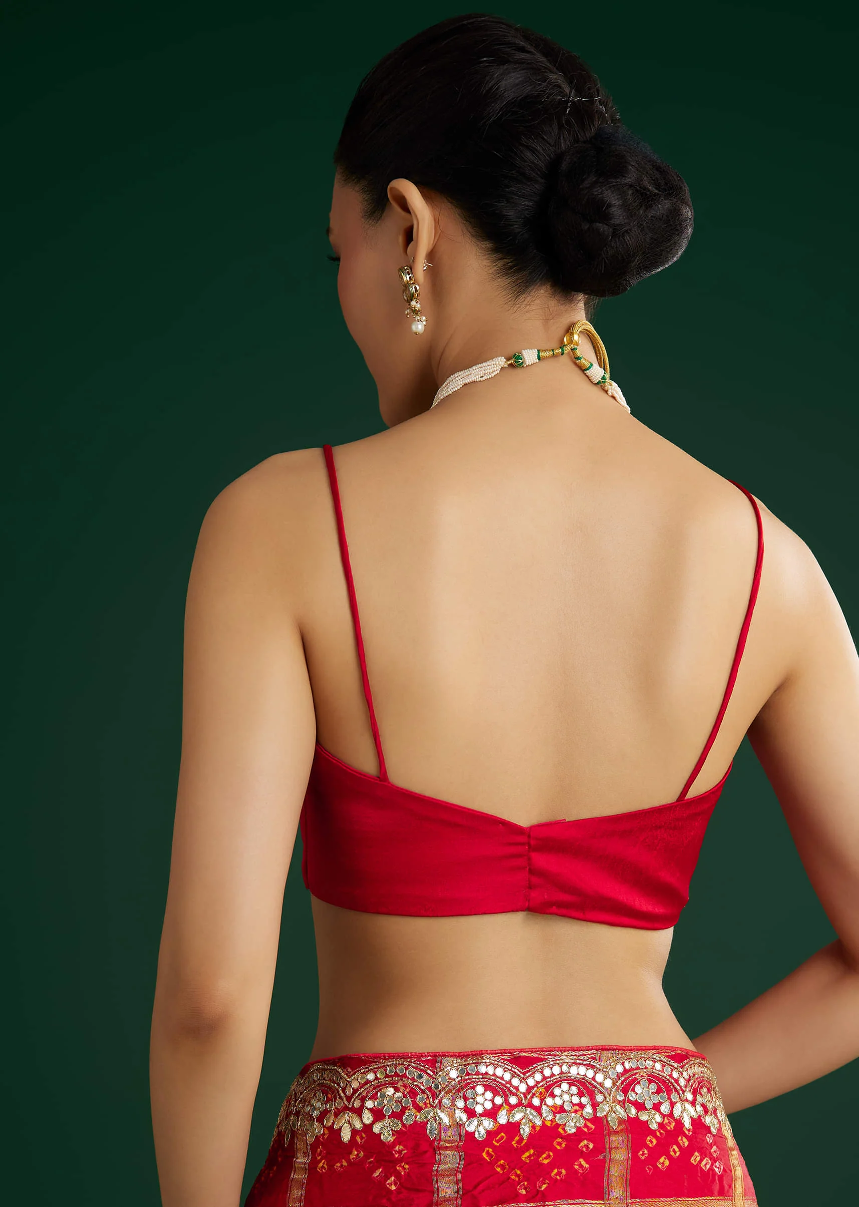 Red Bandhani Saree With Gota Work - Image 8