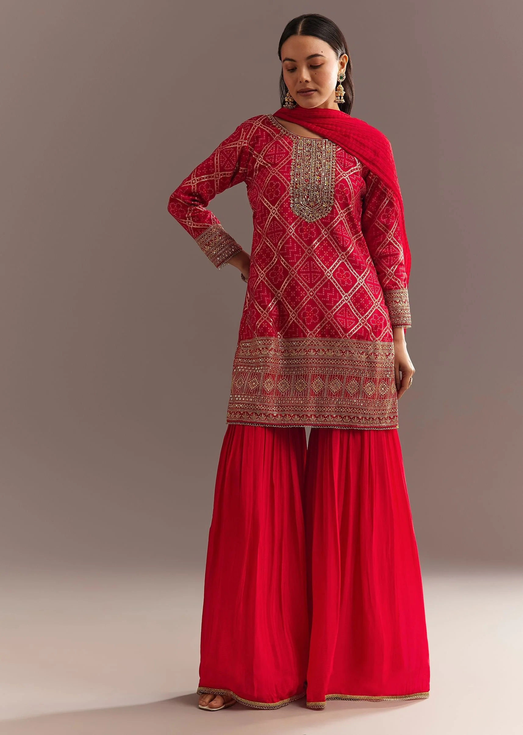 Red Bandhani Zari Kurta And Jacquard Sharara With Chiffon Dupatta - Image 3