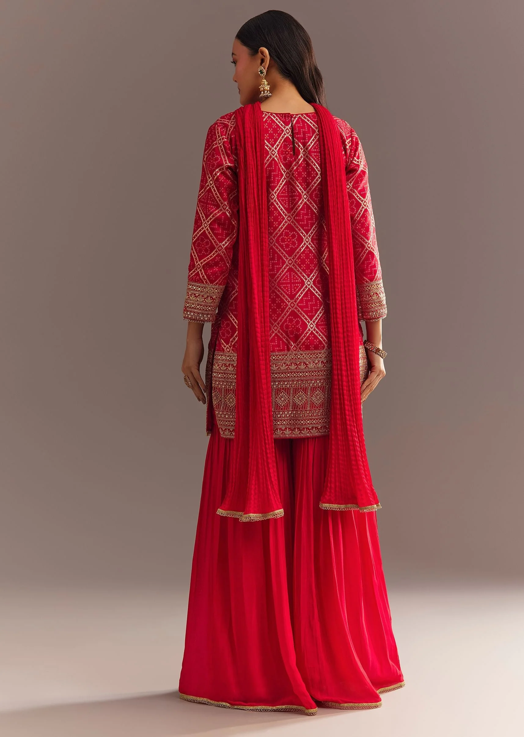 Red Bandhani Zari Kurta And Jacquard Sharara With Chiffon Dupatta - Image 5