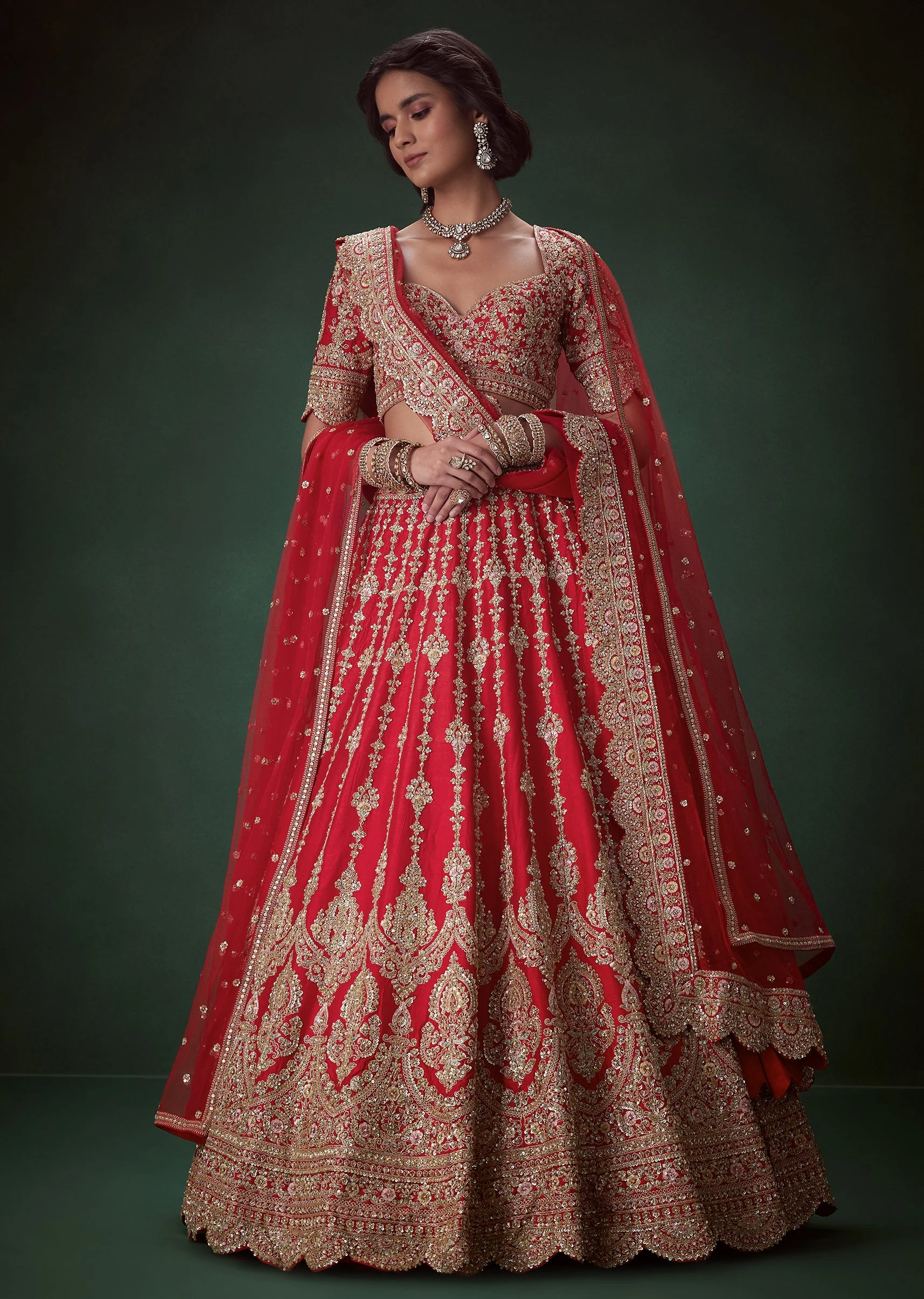Red Bead Embellished Bridal Lehenga Set