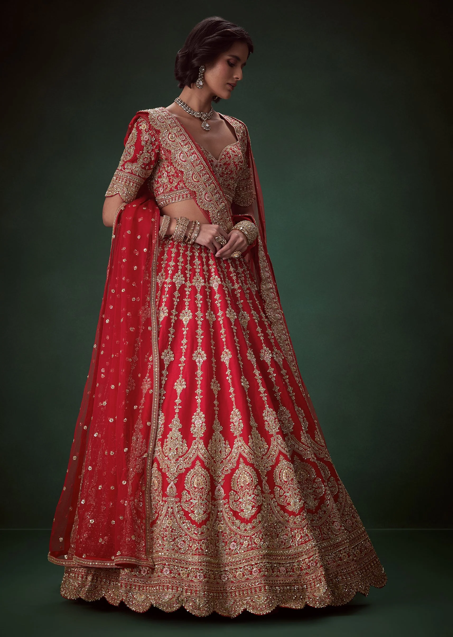 Red Bead Embellished Bridal Lehenga Set - Image 4