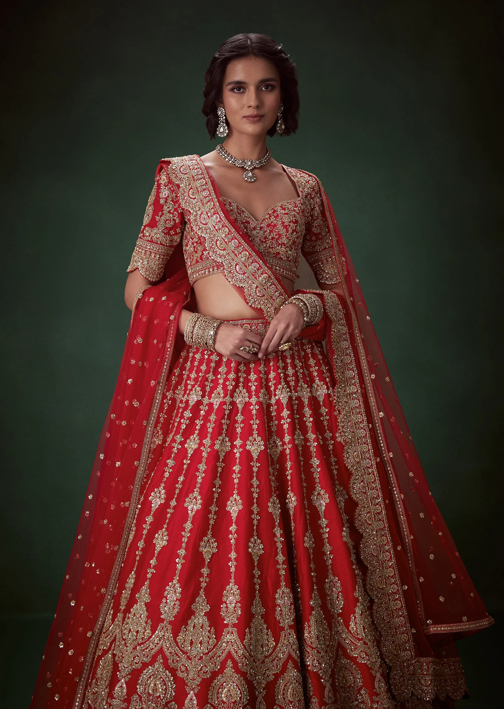 Red Bead Embellished Bridal Lehenga Set - Image 6