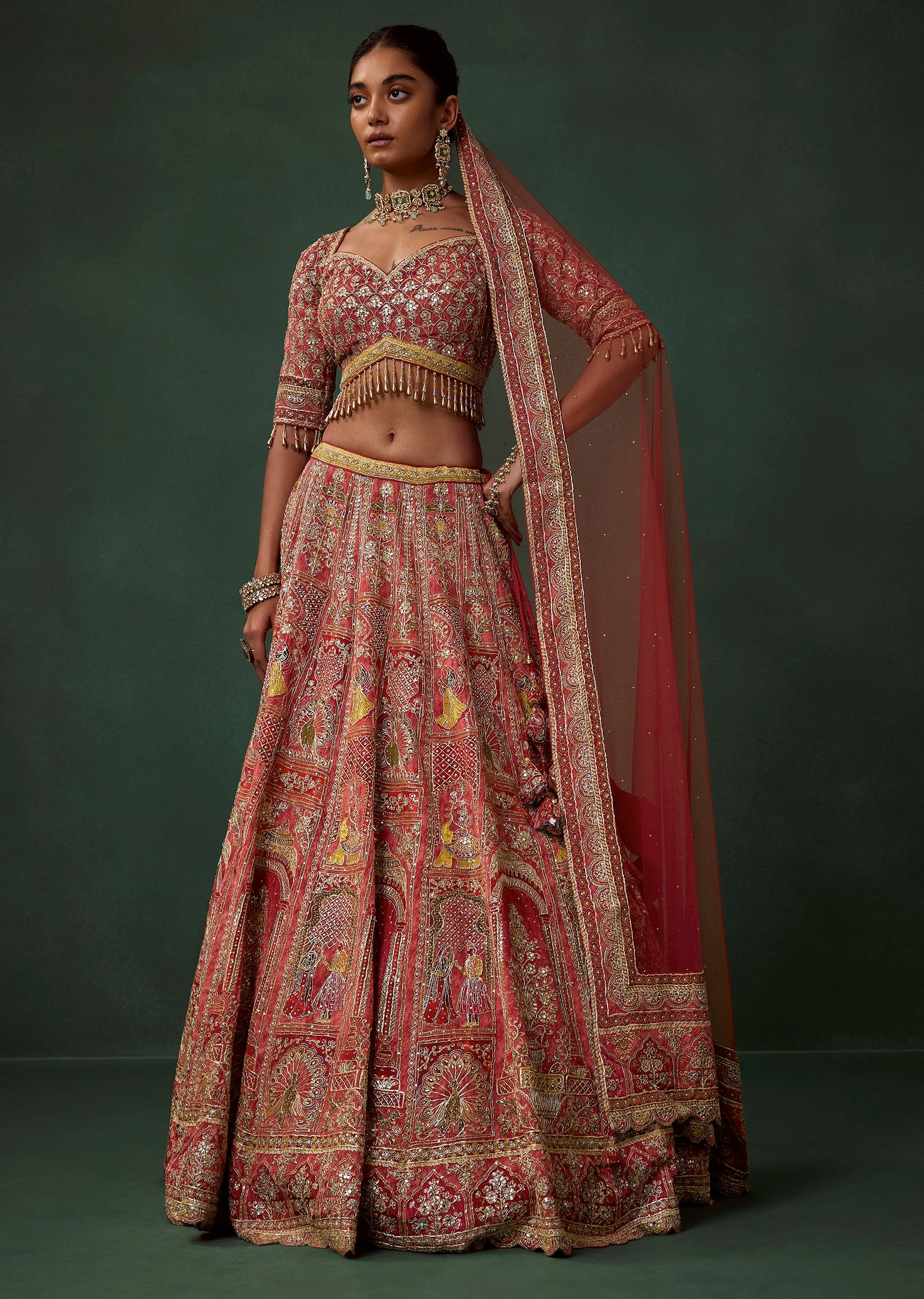Red Bird Motif Printed and Embroidered Kali Bridal Georgette Lehenga Set