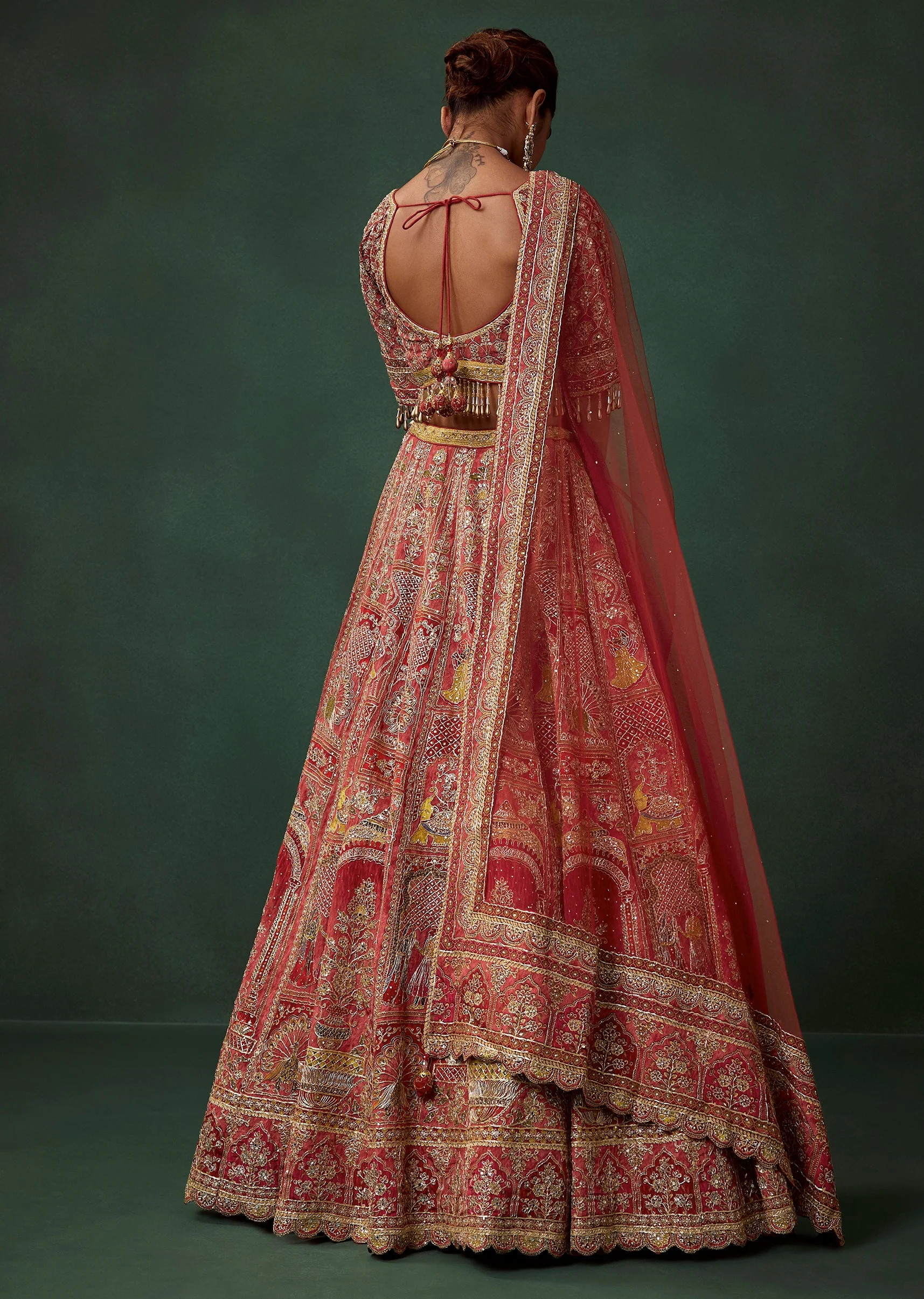 Red Bird Motif Printed and Embroidered Kali Bridal Georgette Lehenga Set - Image 2