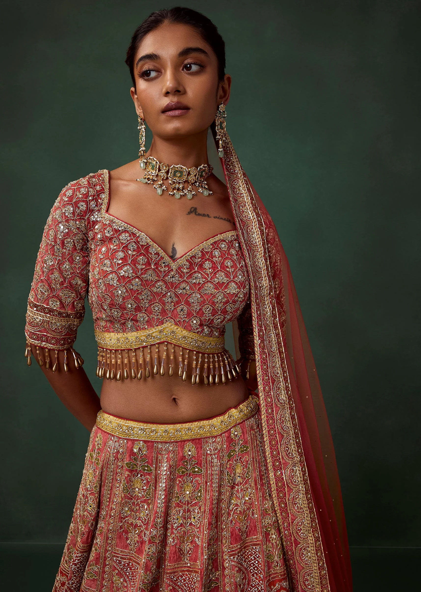 Red Bird Motif Printed and Embroidered Kali Bridal Georgette Lehenga Set - Image 3
