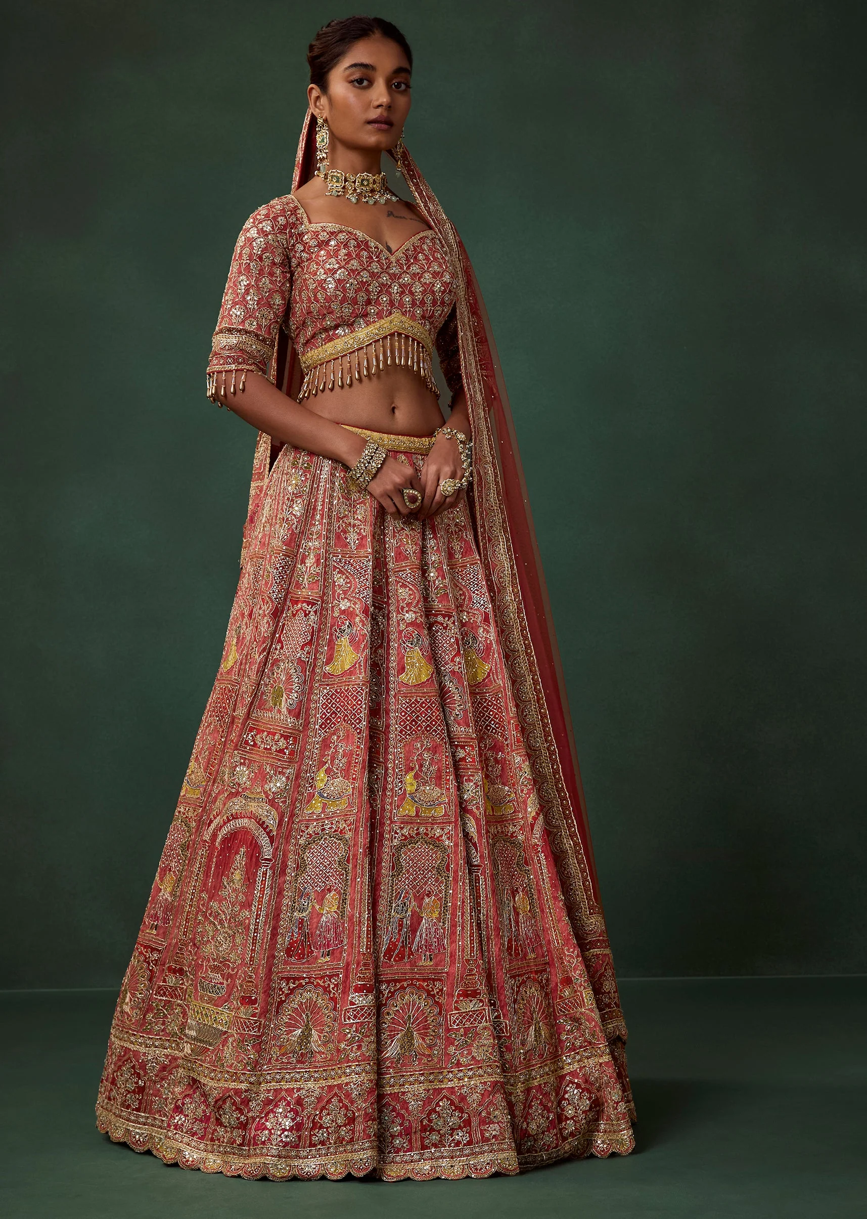 Red Bird Motif Printed and Embroidered Kali Bridal Georgette Lehenga Set - Image 4