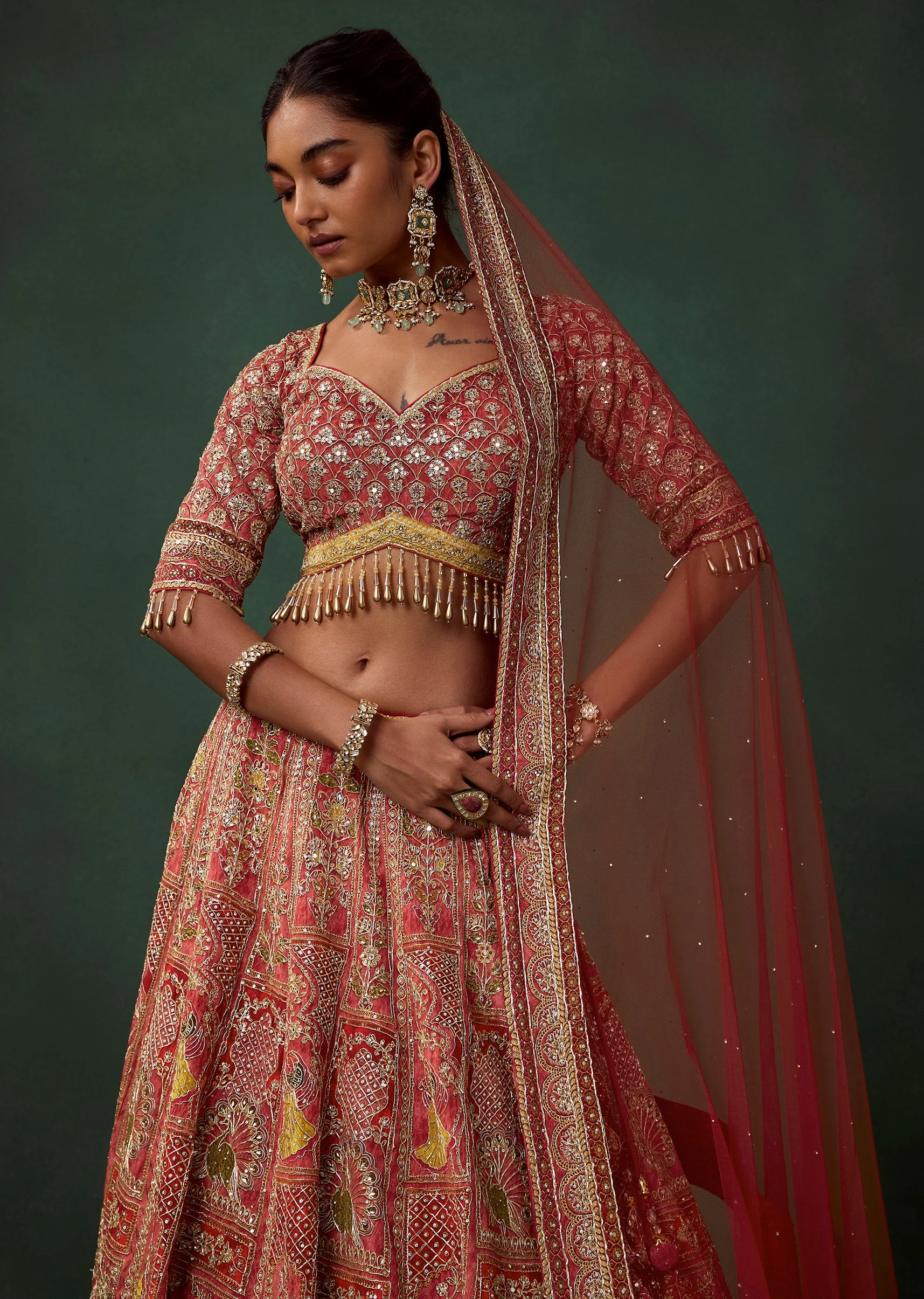 Red Bird Motif Printed and Embroidered Kali Bridal Georgette Lehenga Set - Image 5