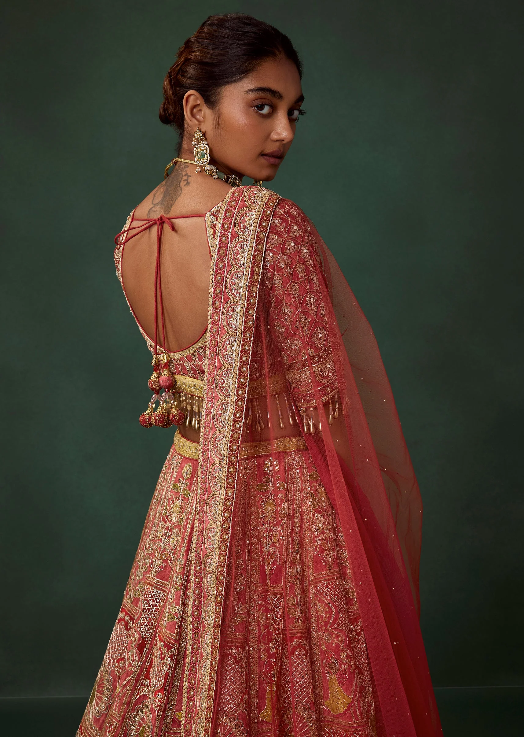 Red Bird Motif Printed and Embroidered Kali Bridal Georgette Lehenga Set - Image 6