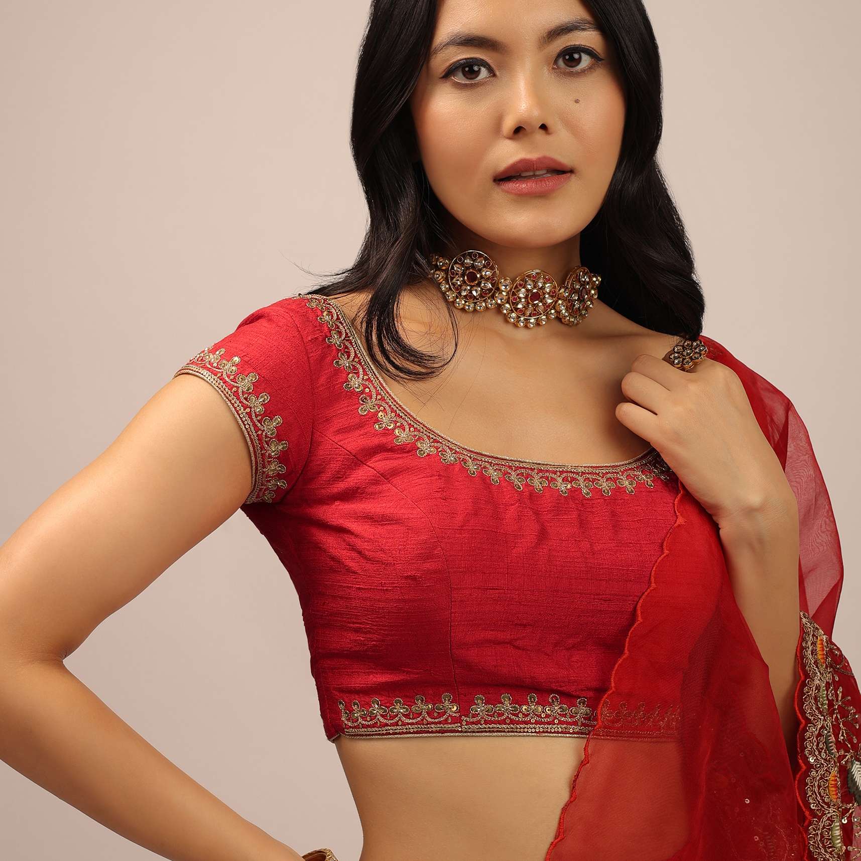 Red Blouse In Raw Silk With Cap Sleeves, Round Neckline And Zardosi Detailed Neckline - Image 3