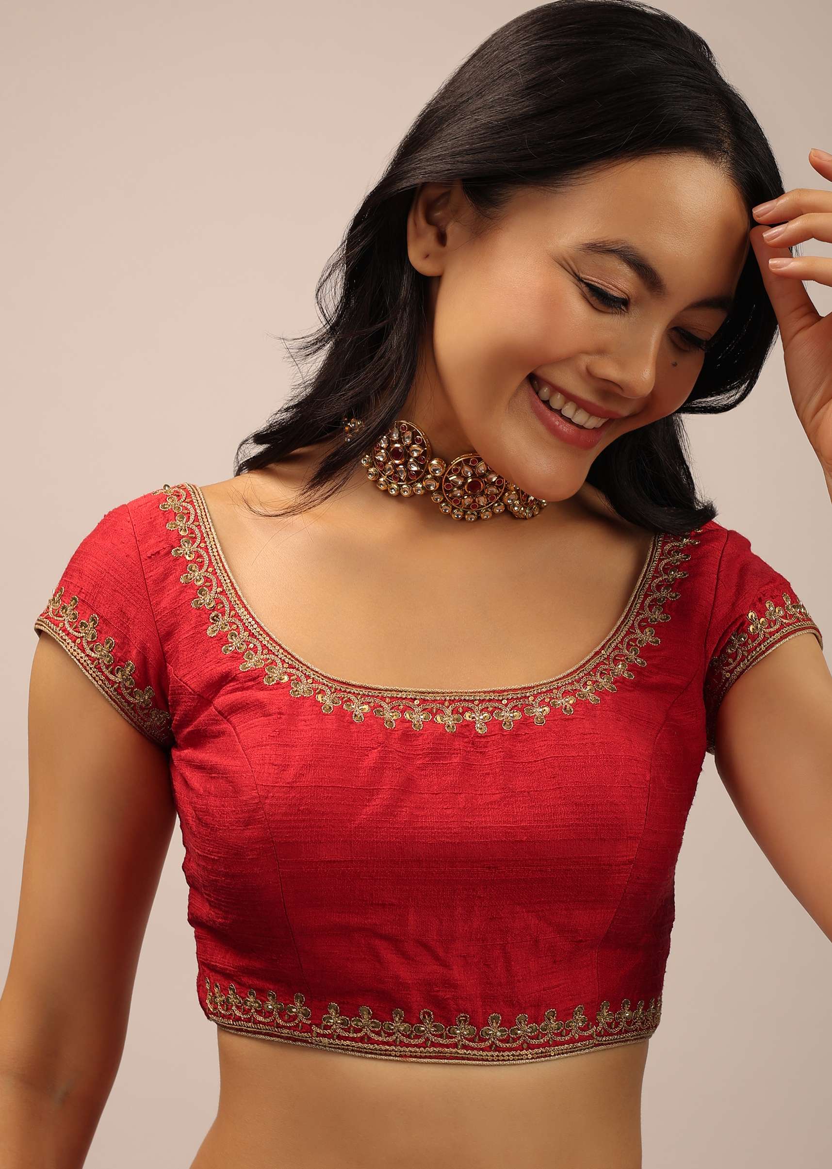 Red Blouse In Raw Silk With Cap Sleeves, Round Neckline And Zardosi Detailed Neckline - Image 4