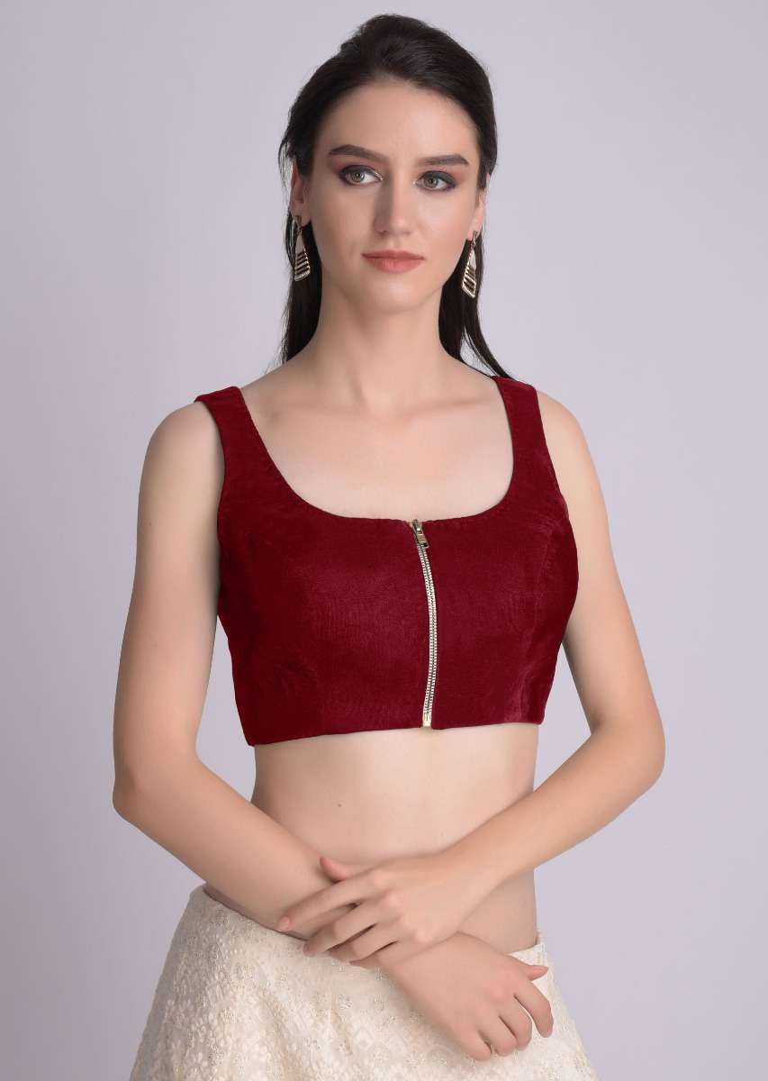 Red Blouse In Velvet With Front Zip Opening - Image 3