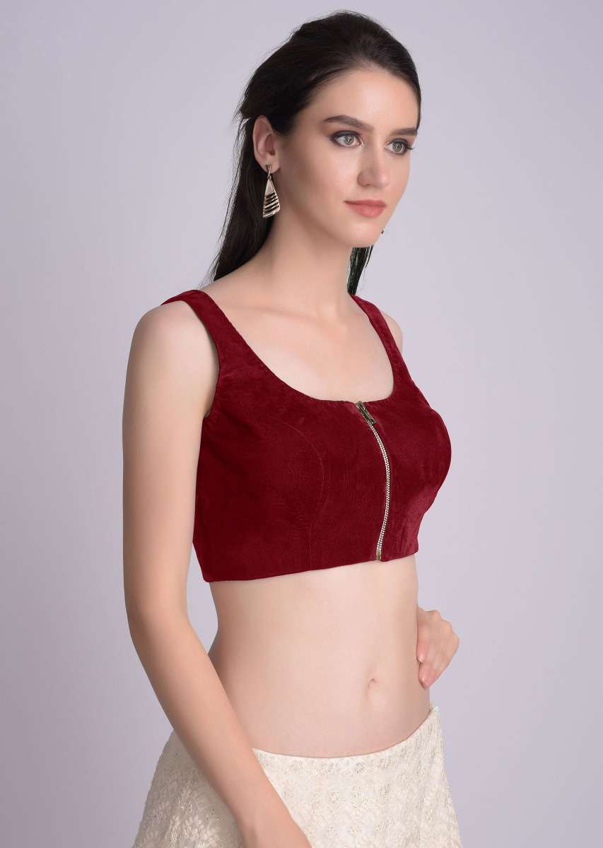 Red Blouse In Velvet With Front Zip Opening - Image 4
