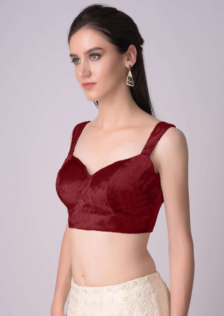 Red Blouse In Velvet With Sweetheart Neckline - Image 4