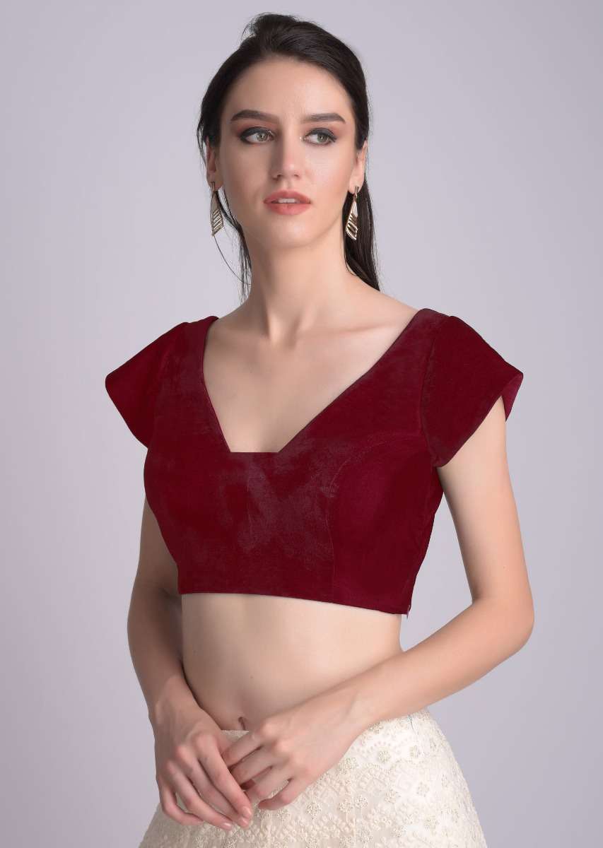 Red Blouse In Velvet With Trapeze Neckline - Image 4