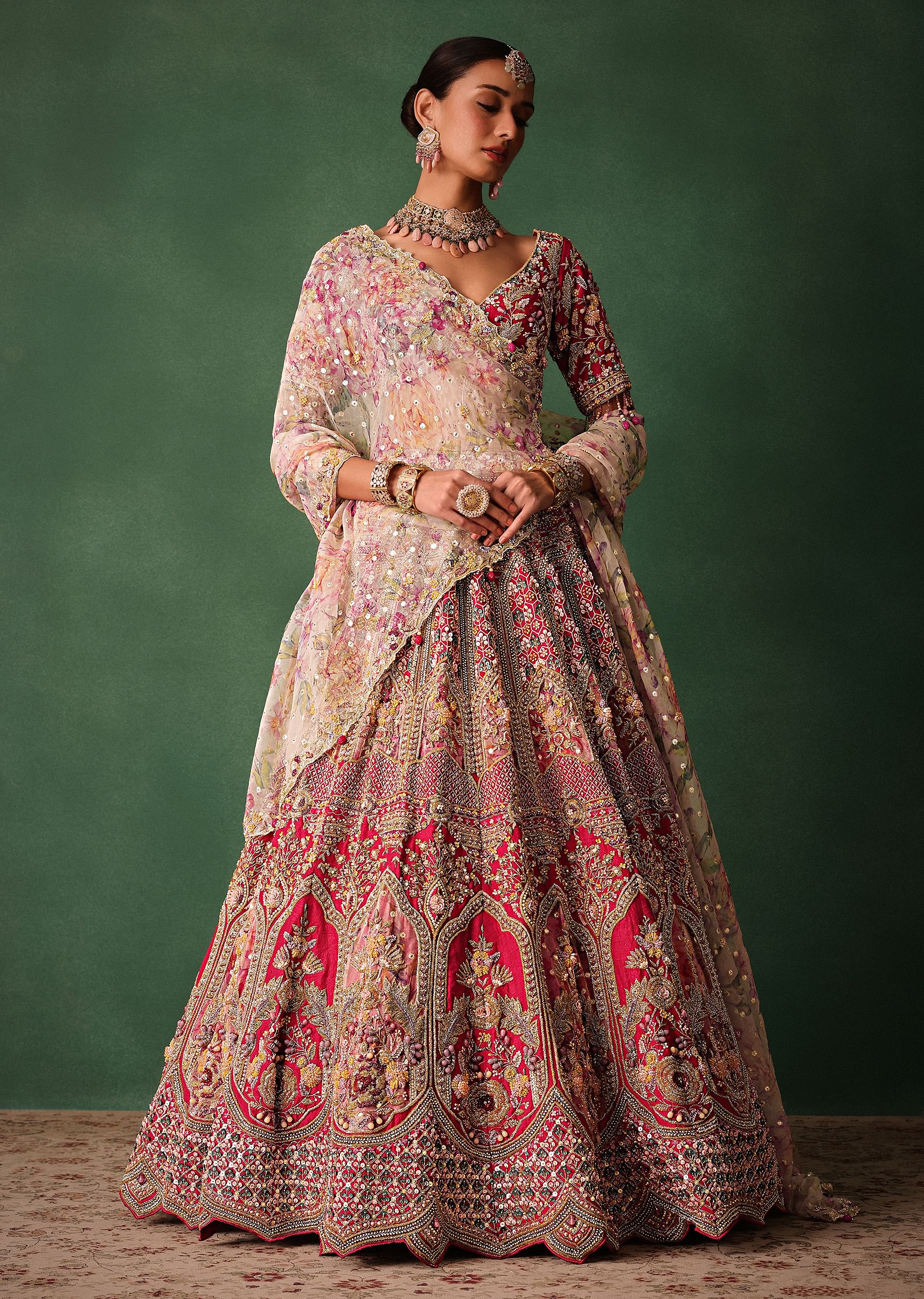 Red Bridal Hand Work Lehenga With Blouse And Dupatta - Image 3